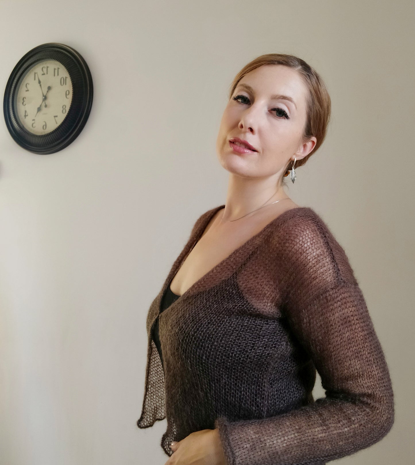 Brown Lightweight Mohair&Silk Cardigan Transparent easy Hook and eye closure size S-M Soft