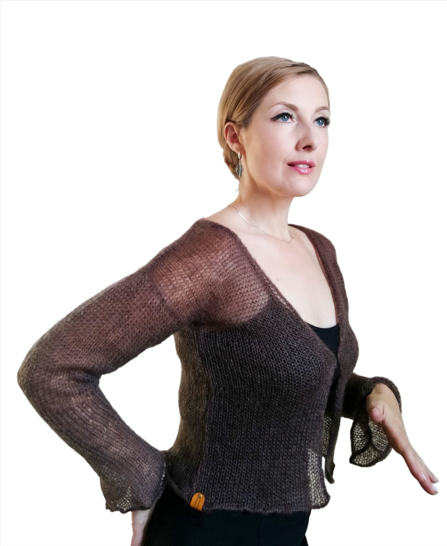 Brown Lightweight Mohair&Silk Cardigan Transparent easy Hook and eye closure size S-M Soft