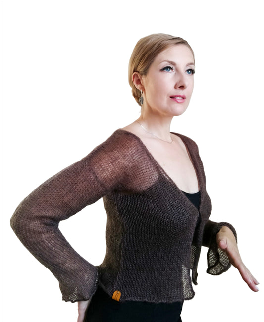 Brown Lightweight Mohair&Silk Cardigan Transparent easy Hook and eye closure size S-M Soft