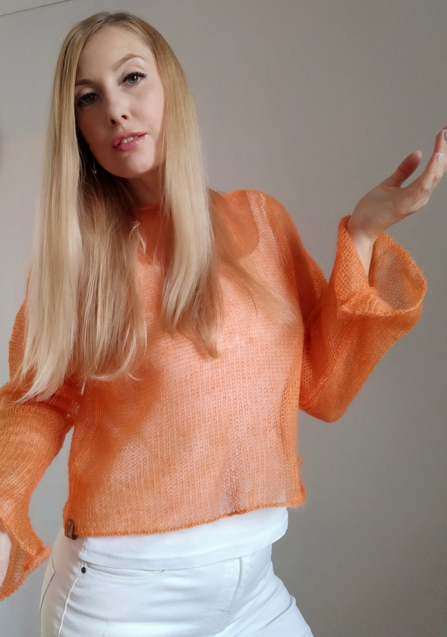 Mohair Silk Bell Sleeve Sweater: Lightweight Orange Knit XS-S-M