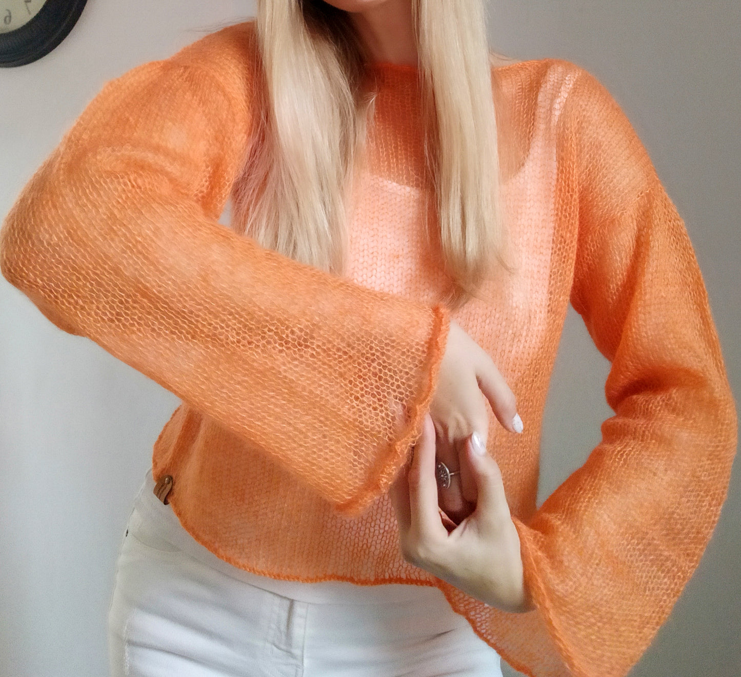 Mohair Silk Bell Sleeve Sweater: Lightweight Orange Knit XS-S-M
