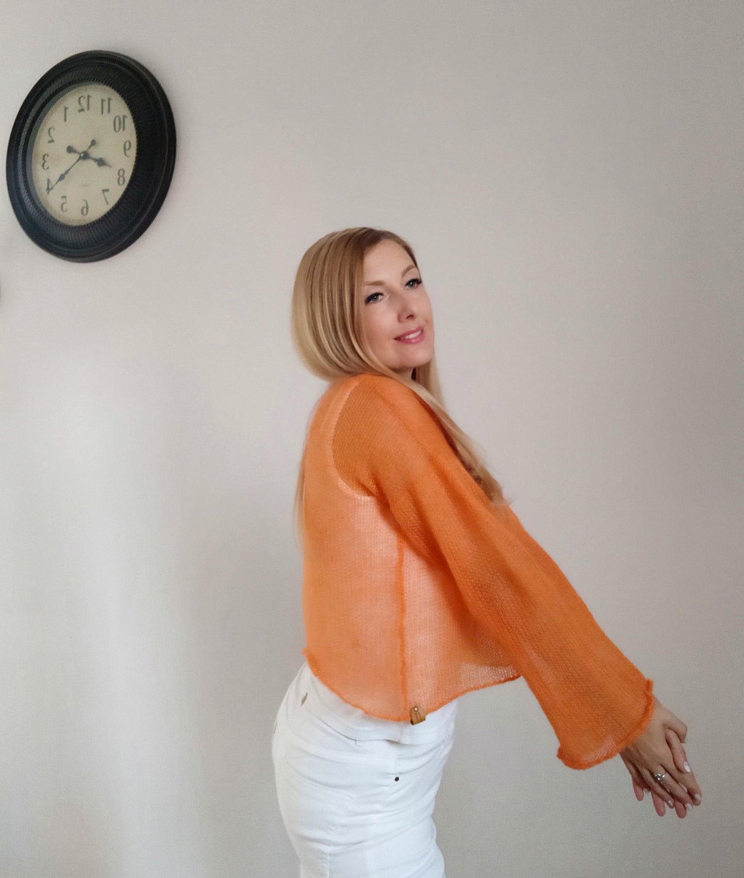 Mohair Silk Bell Sleeve Sweater: Lightweight Orange Knit XS-S-M