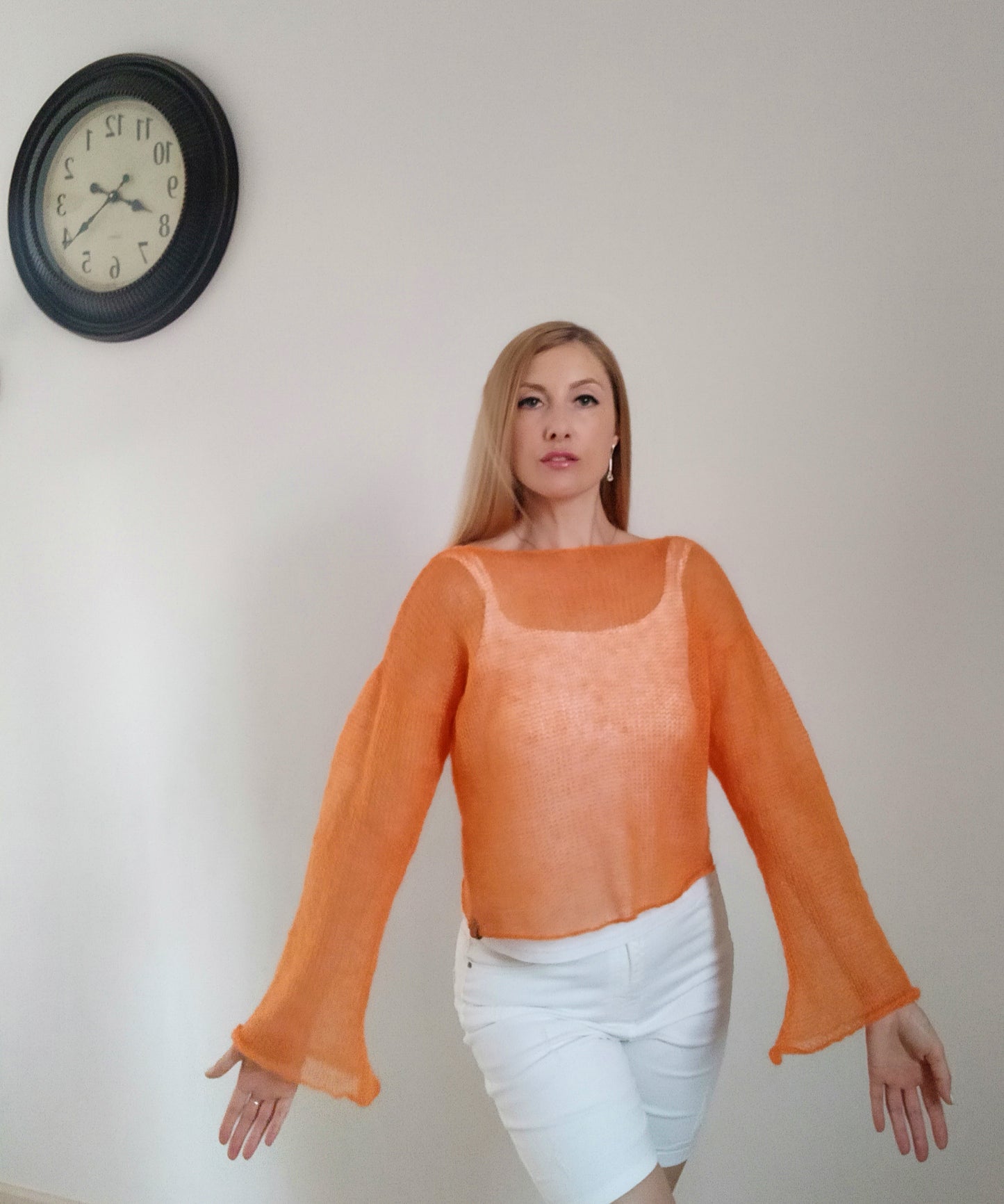 Mohair Silk Bell Sleeve Sweater: Lightweight Orange Knit XS-S-M