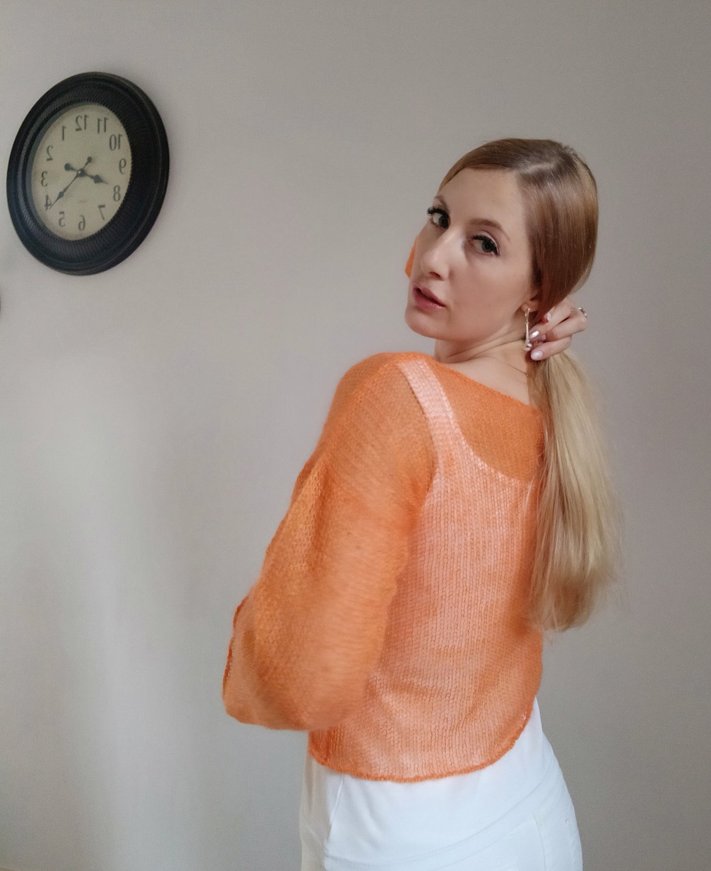Mohair Silk Bell Sleeve Sweater: Lightweight Orange Knit XS-S-M