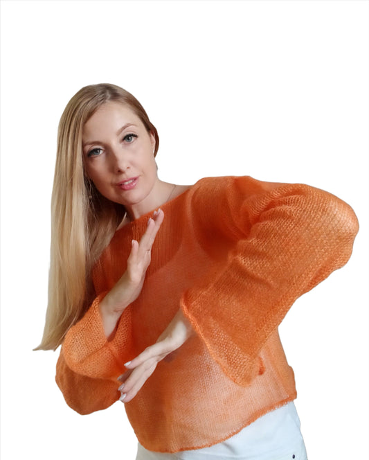 Mohair Silk Bell Sleeve Sweater: Lightweight Orange Knit XS-S-M