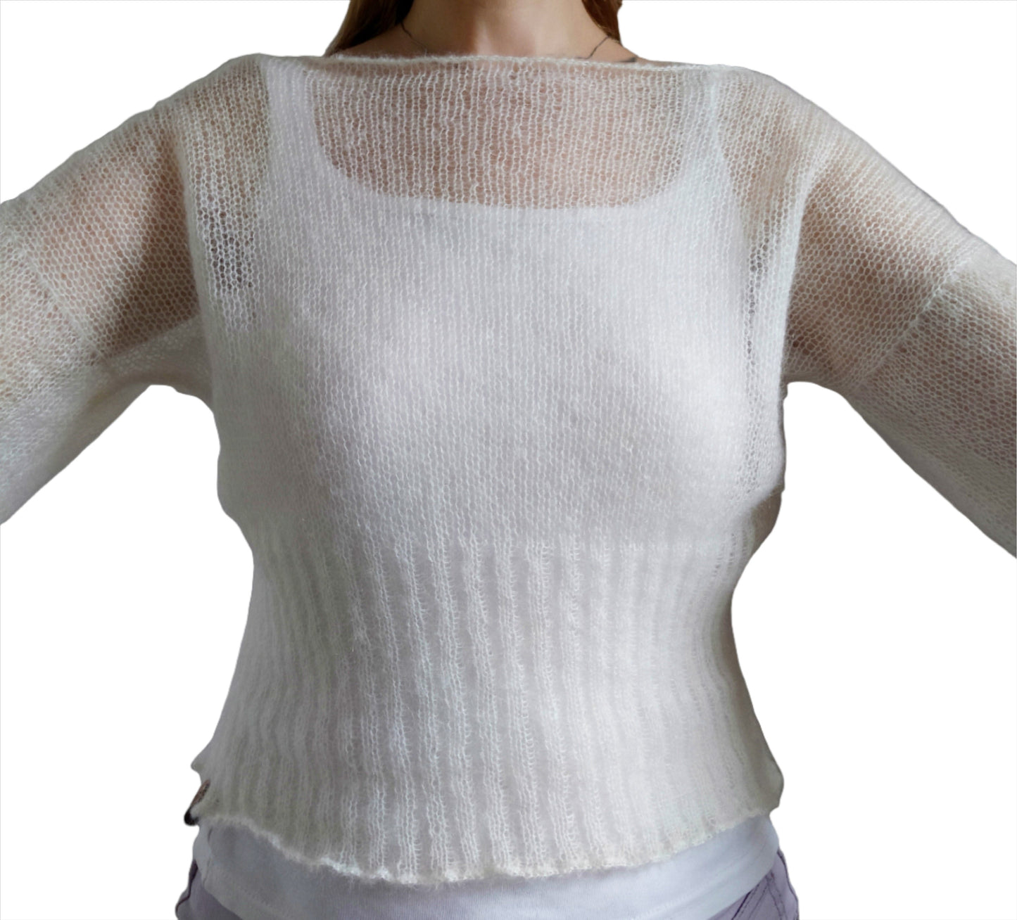 White Mohair Silk Knit Sweater: Balloon Sleeves, Fitted Waist