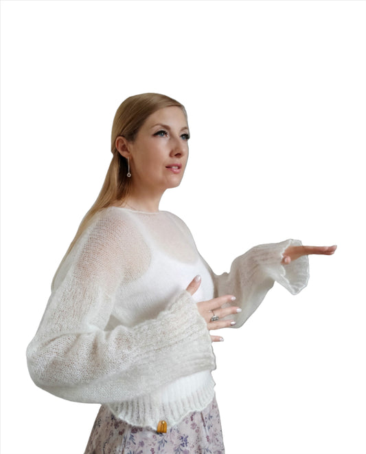 White Mohair Silk Knit Sweater: Balloon Sleeves, Fitted Waist