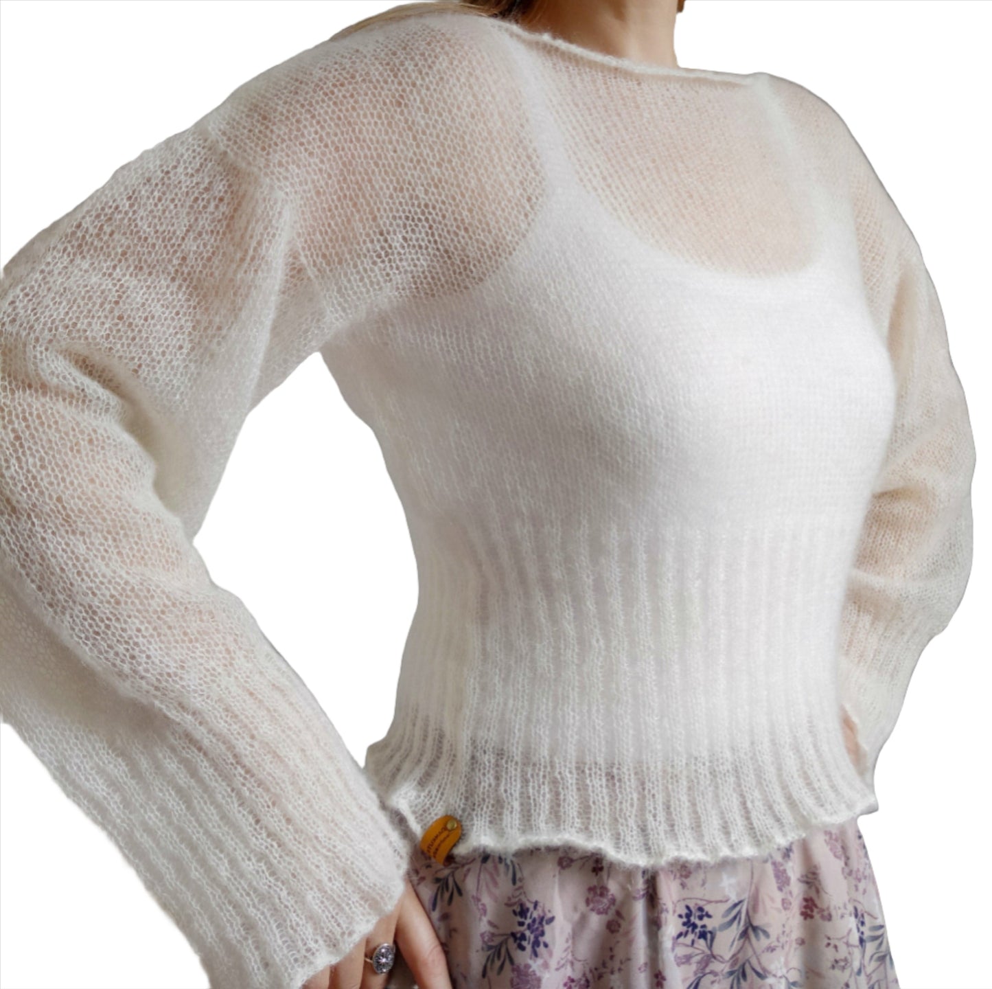White Mohair Silk Knit Sweater: Balloon Sleeves, Fitted Waist