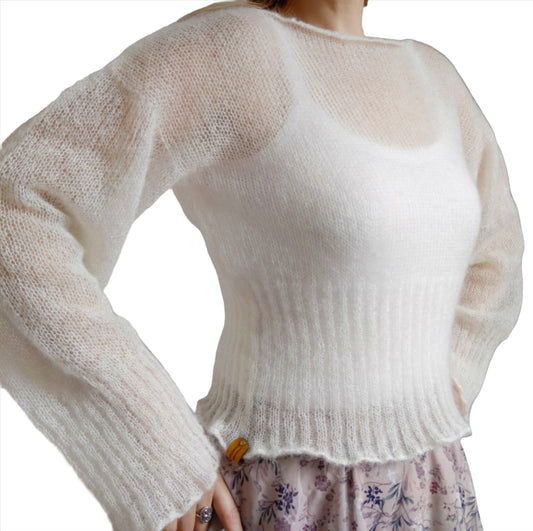 White Mohair Silk Knit Sweater: Balloon Sleeves, Fitted Waist