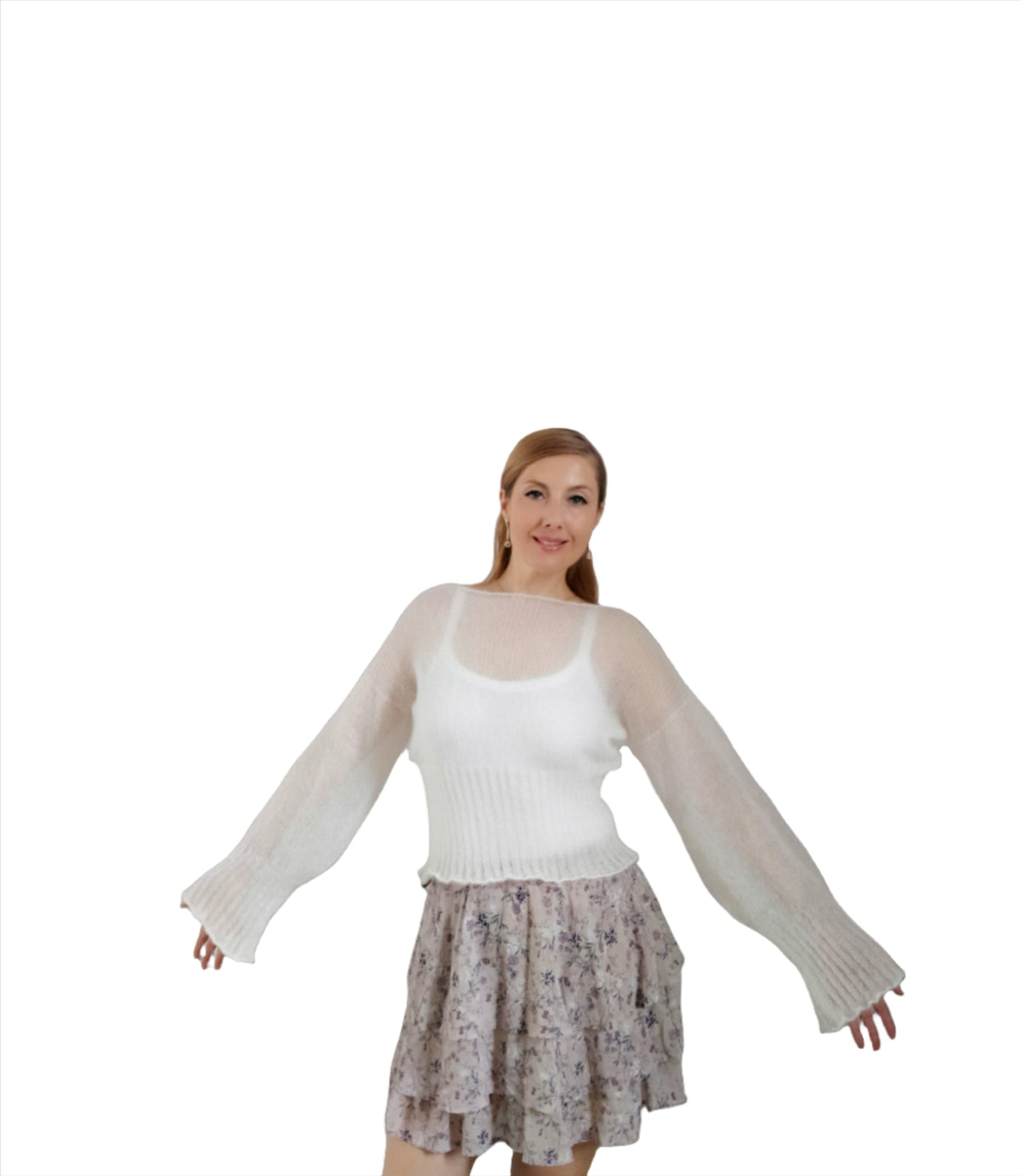 White Mohair Silk Knit Sweater: Balloon Sleeves, Fitted Waist