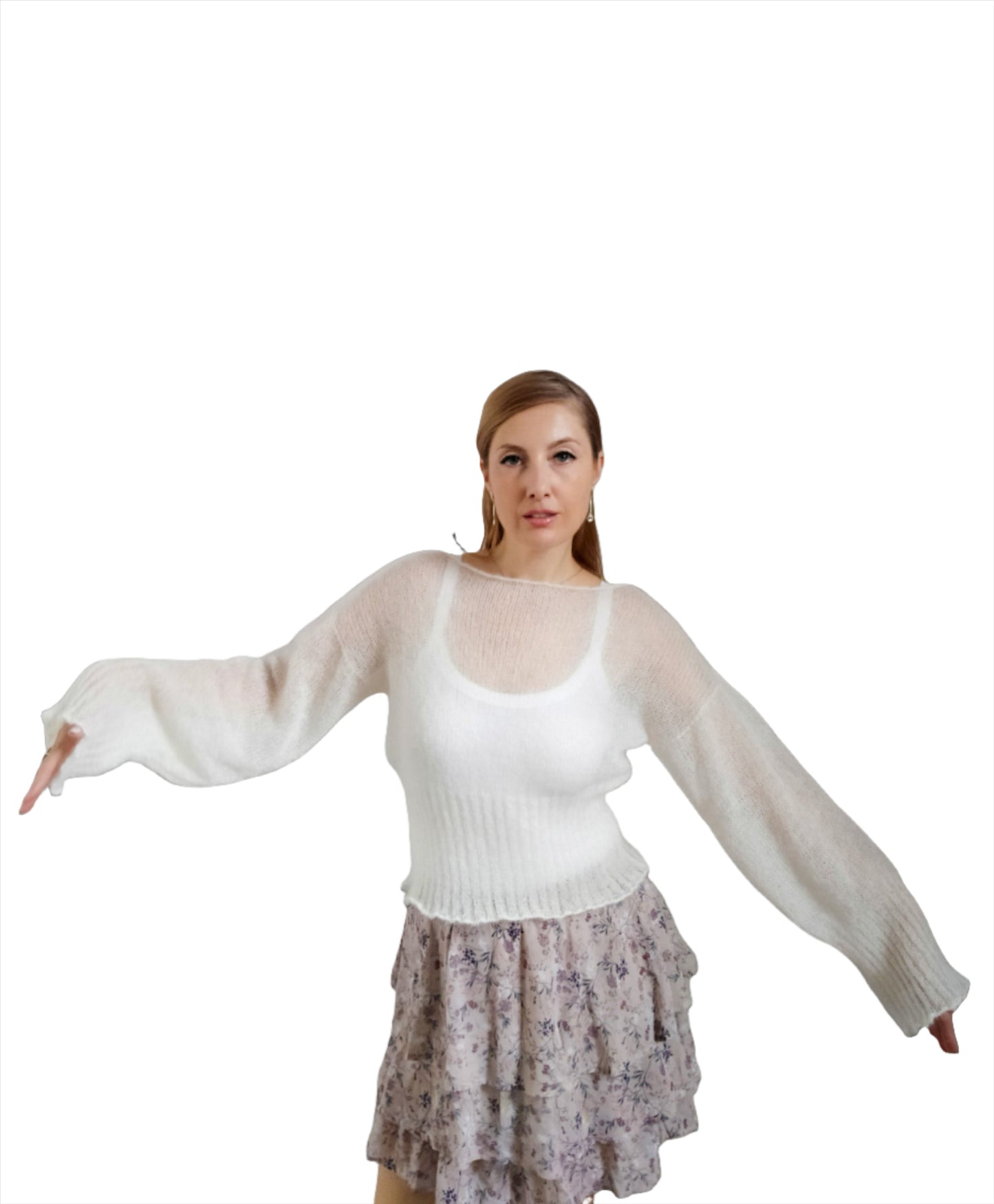 White Mohair Silk Knit Sweater: Balloon Sleeves, Fitted Waist