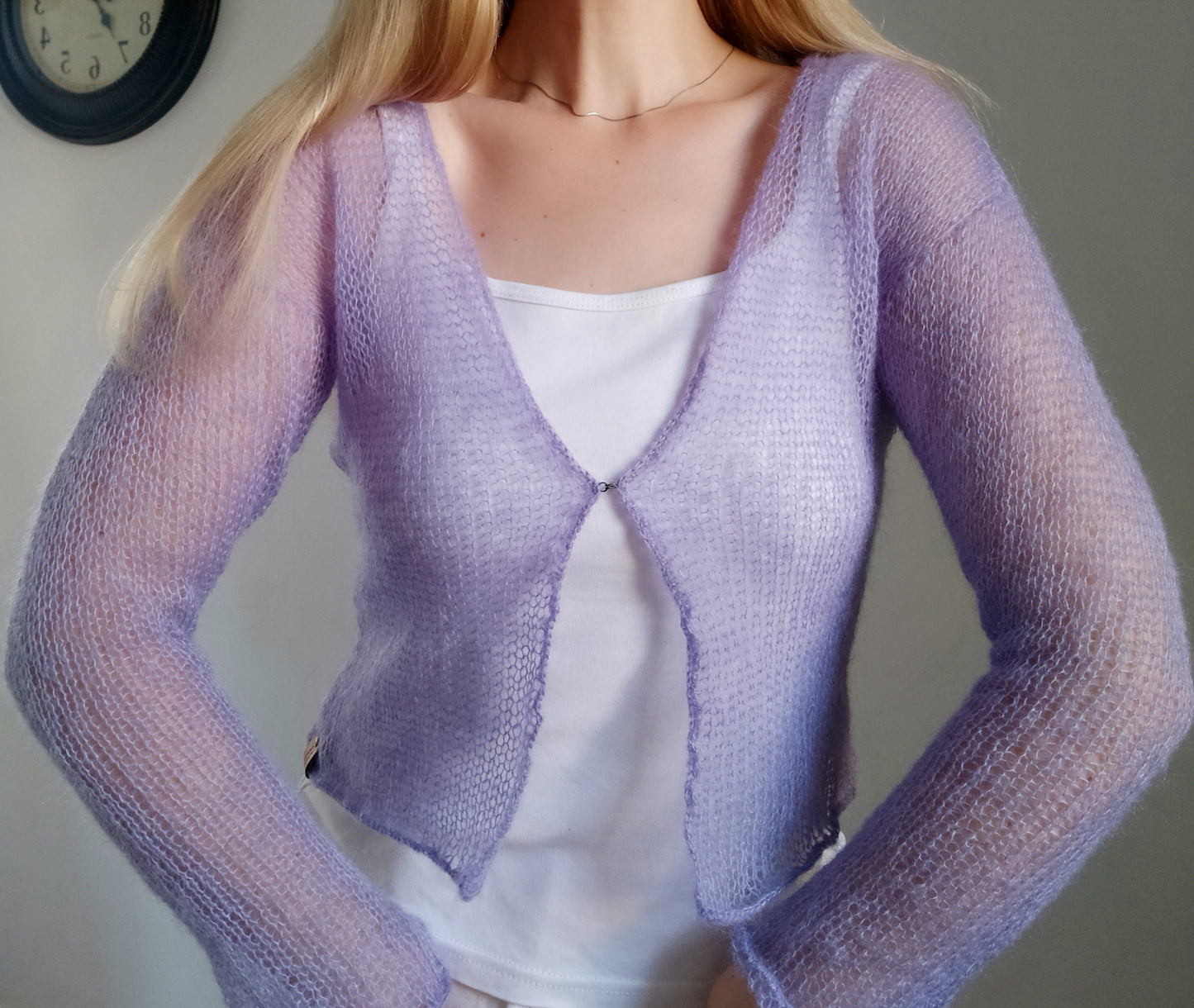 Lavender Lightweight Mohair&Silk Cardigan Transparent easy Hook and eye closure size S-M Soft
