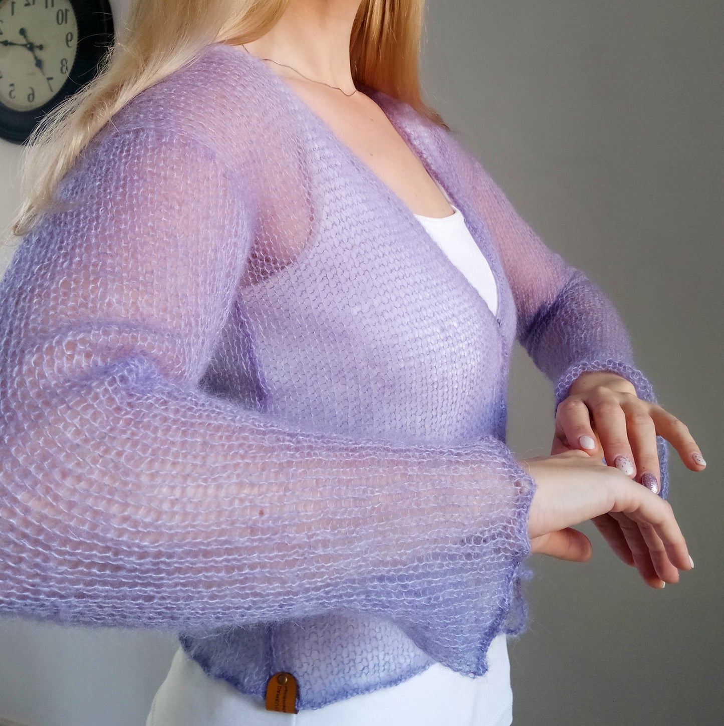 Lavender Lightweight Mohair&Silk Cardigan Transparent easy Hook and eye closure size S-M Soft