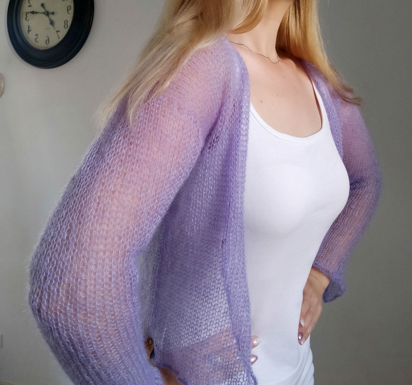 Lavender Lightweight Mohair&Silk Cardigan Transparent easy Hook and eye closure size S-M Soft