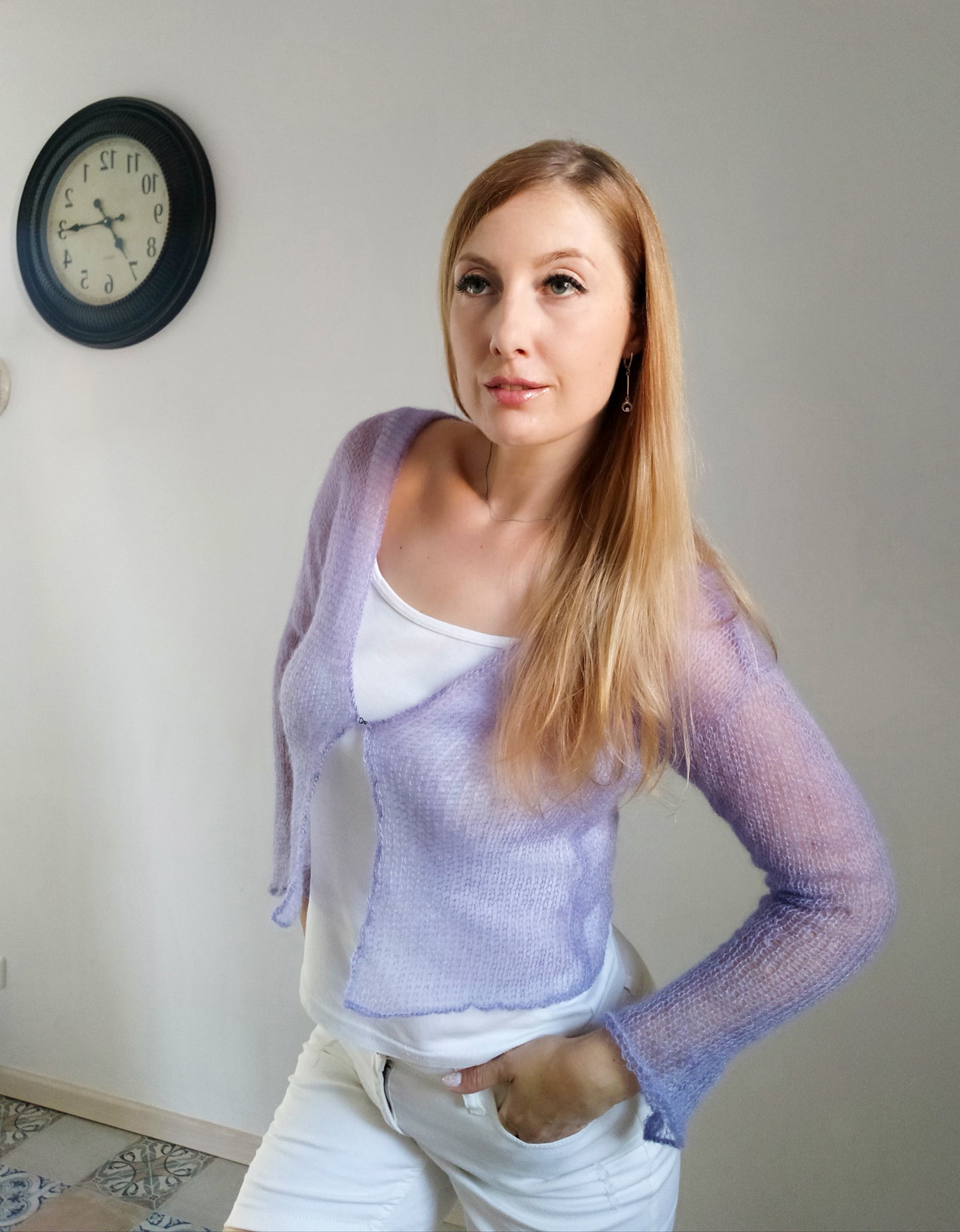 Lavender Lightweight Mohair&Silk Cardigan Transparent easy Hook and eye closure size S-M Soft