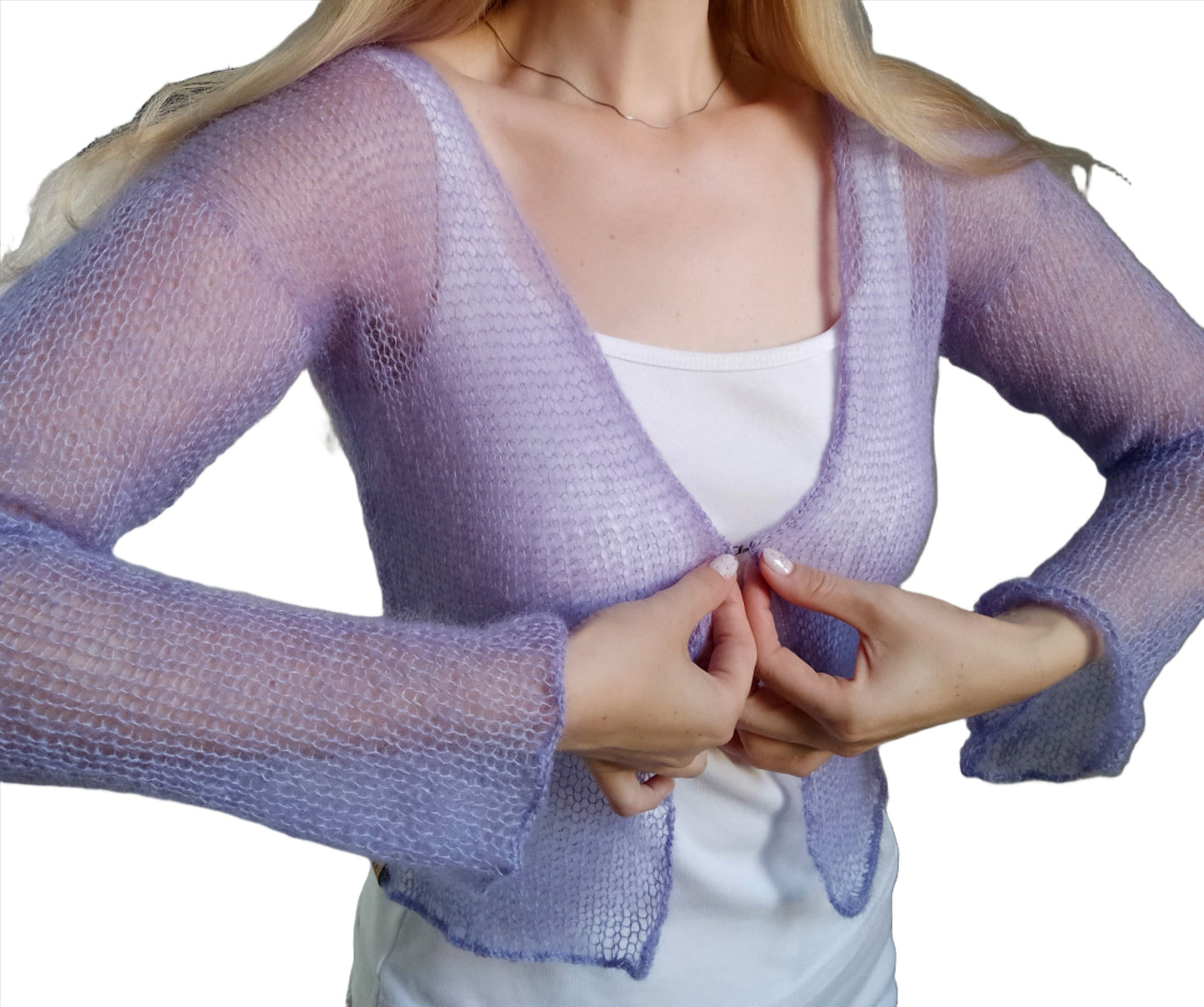 Lavender Lightweight Mohair&Silk Cardigan Transparent easy Hook and eye closure size S-M Soft