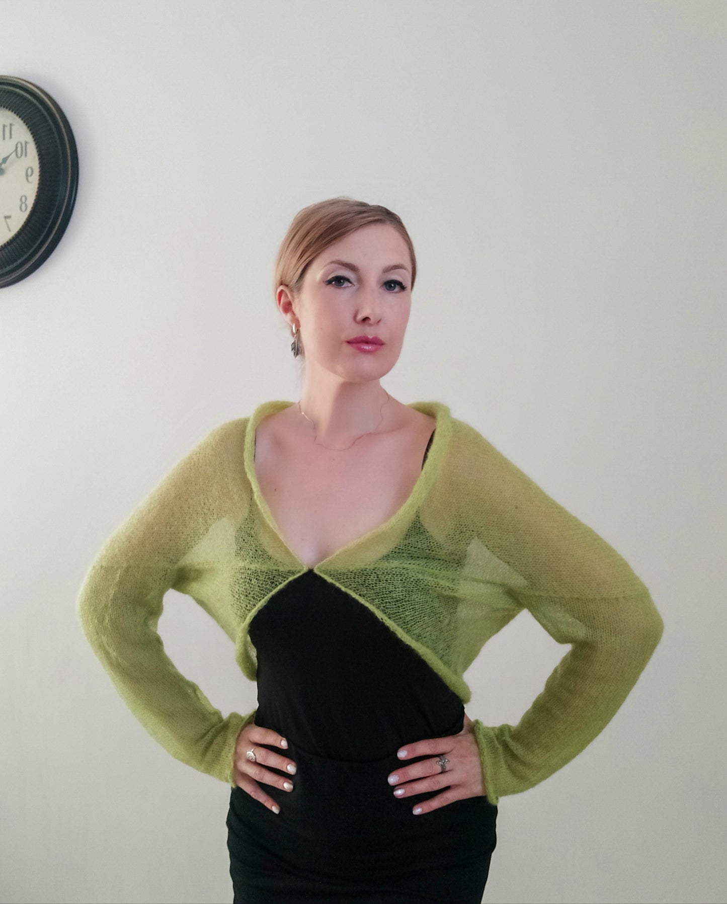 Lime Green Mohair Shrug Lightweight Soft Warm Comfortable for all seasons Long sleeved M size Elegant Cardigan