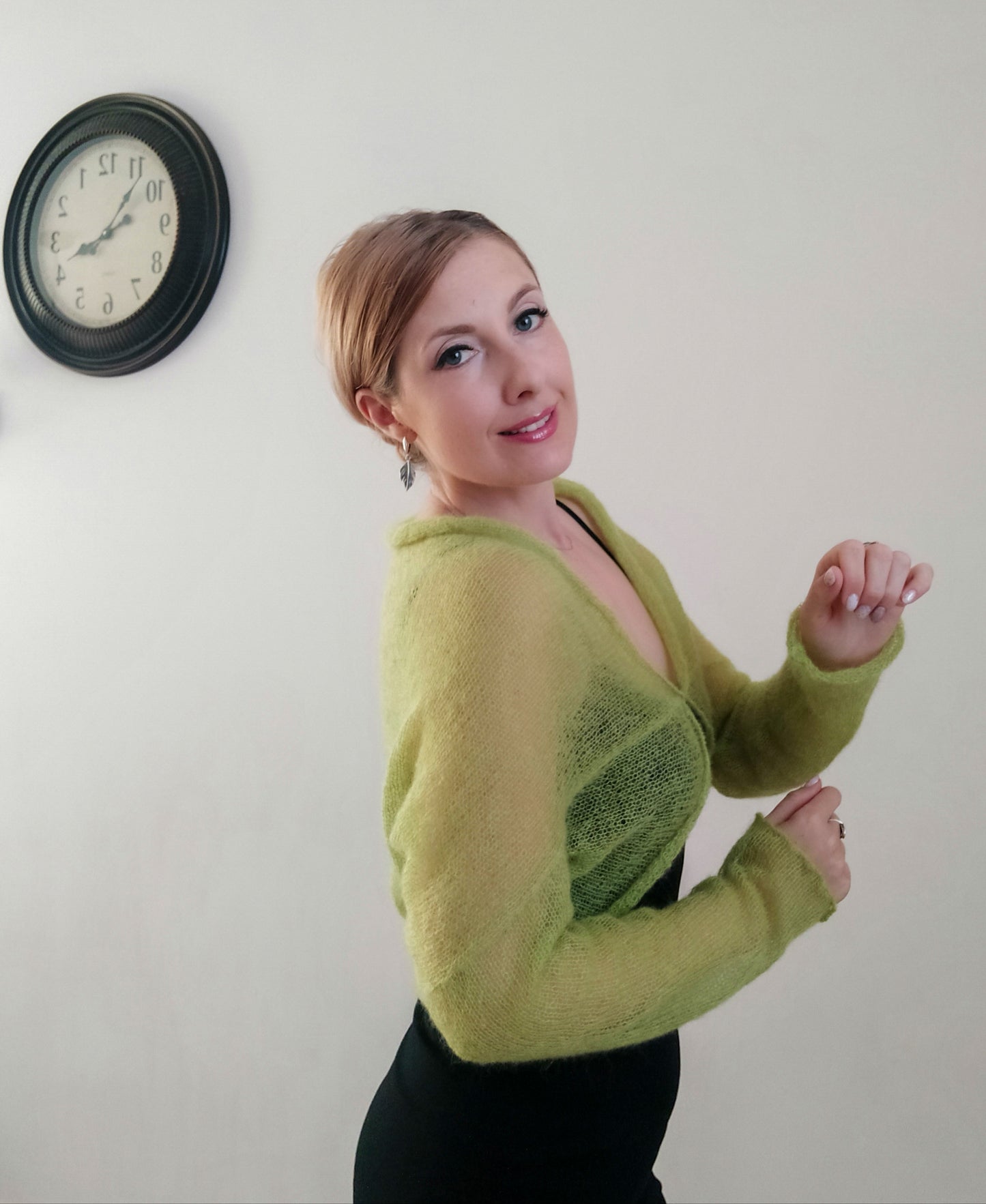 Lime Green Mohair Shrug Lightweight Soft Warm Comfortable for all seasons Long sleeved M size Elegant Cardigan