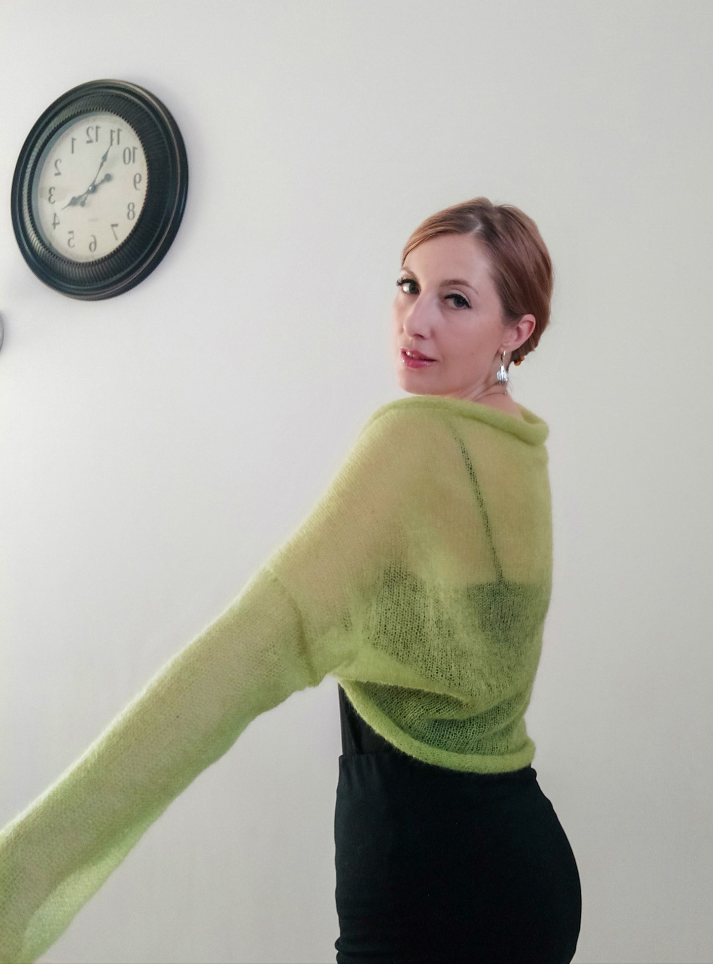 Lime Green Mohair Shrug Lightweight Soft Warm Comfortable for all seasons Long sleeved M size Elegant Cardigan