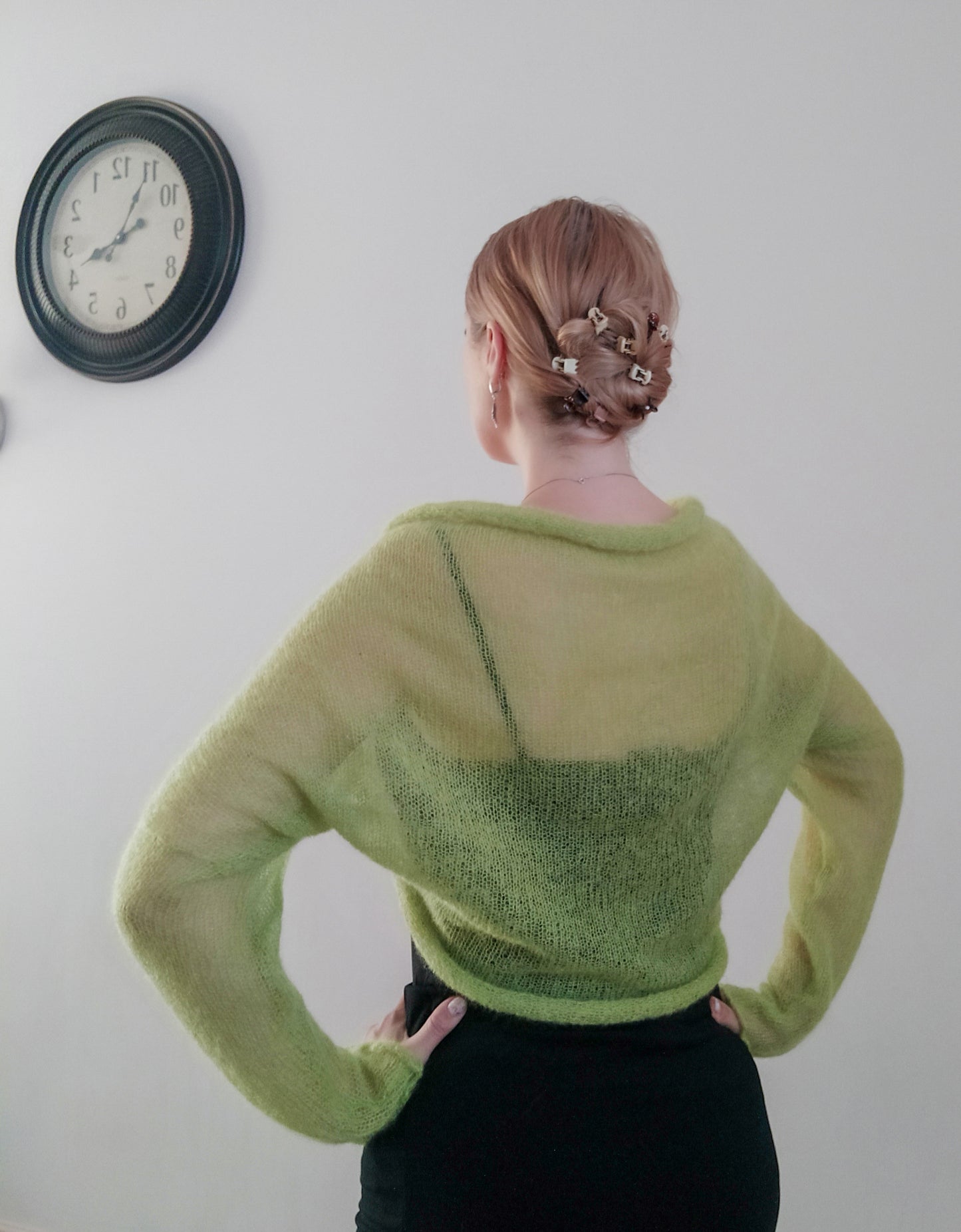 Lime Green Mohair Shrug Lightweight Soft Warm Comfortable for all seasons Long sleeved M size Elegant Cardigan