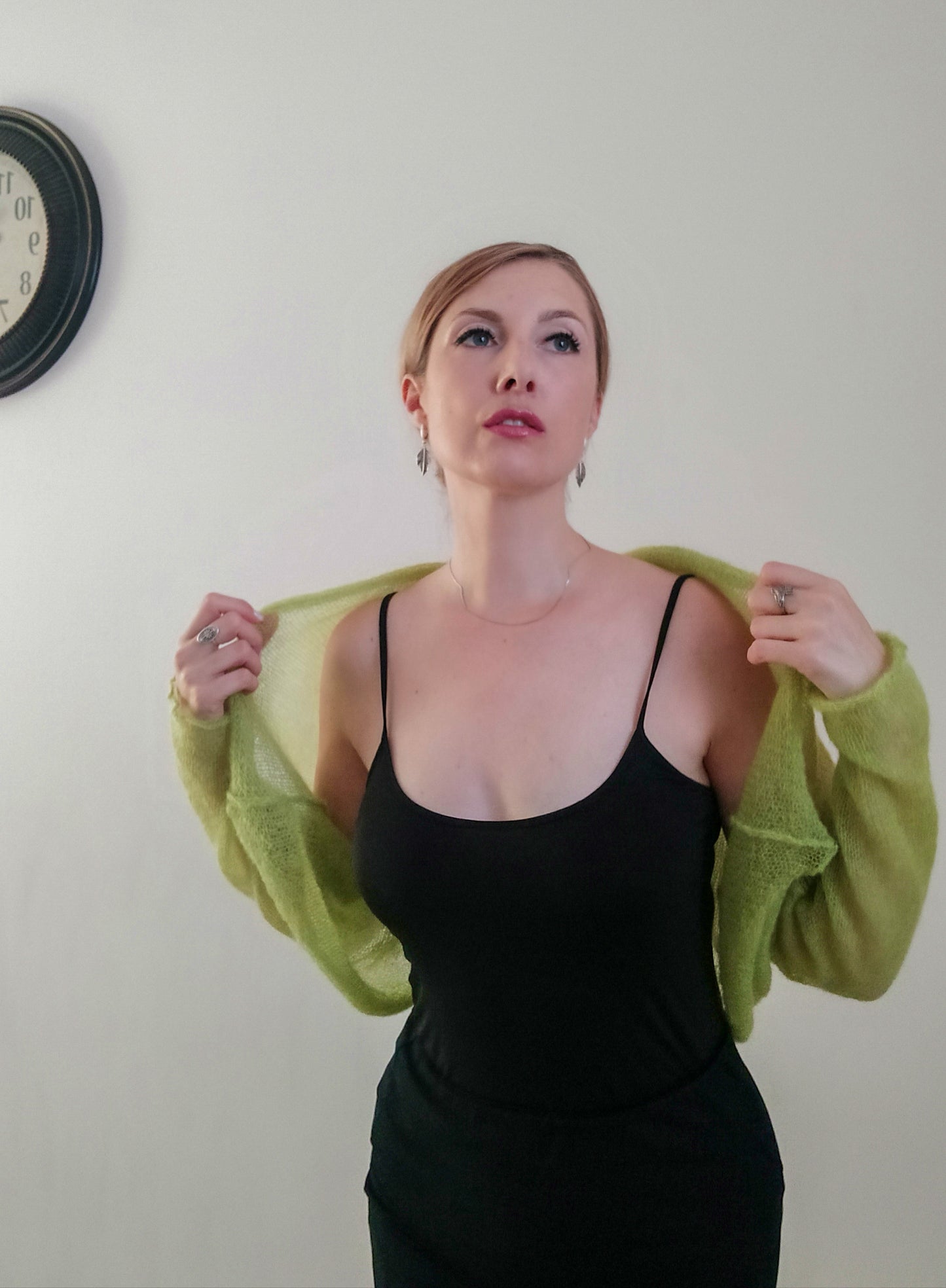 Lime Green Mohair Shrug Lightweight Soft Warm Comfortable for all seasons Long sleeved M size Elegant Cardigan