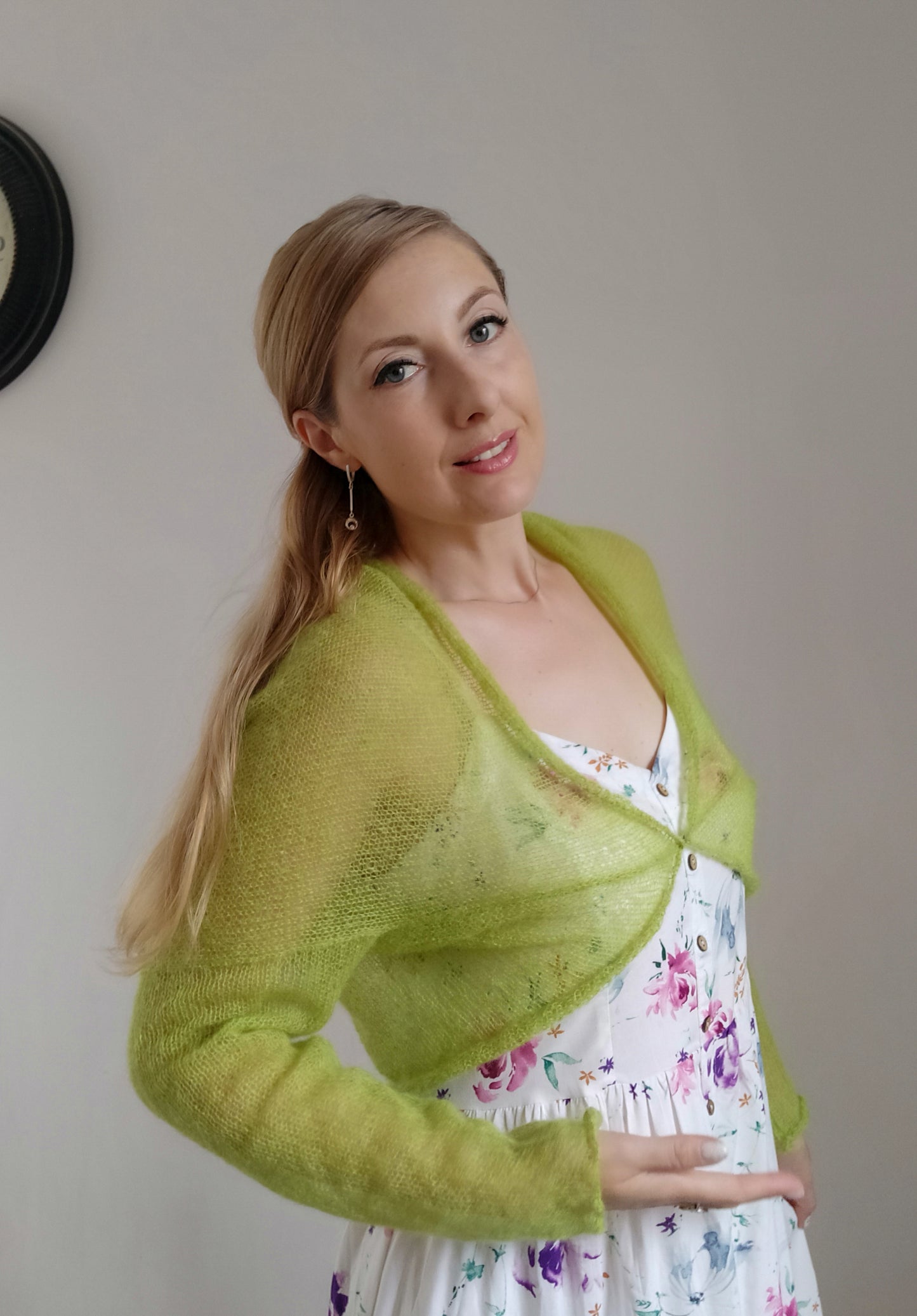 Lime Green Mohair Shrug Lightweight Soft Warm Comfortable for all seasons Long sleeved M size Elegant Cardigan