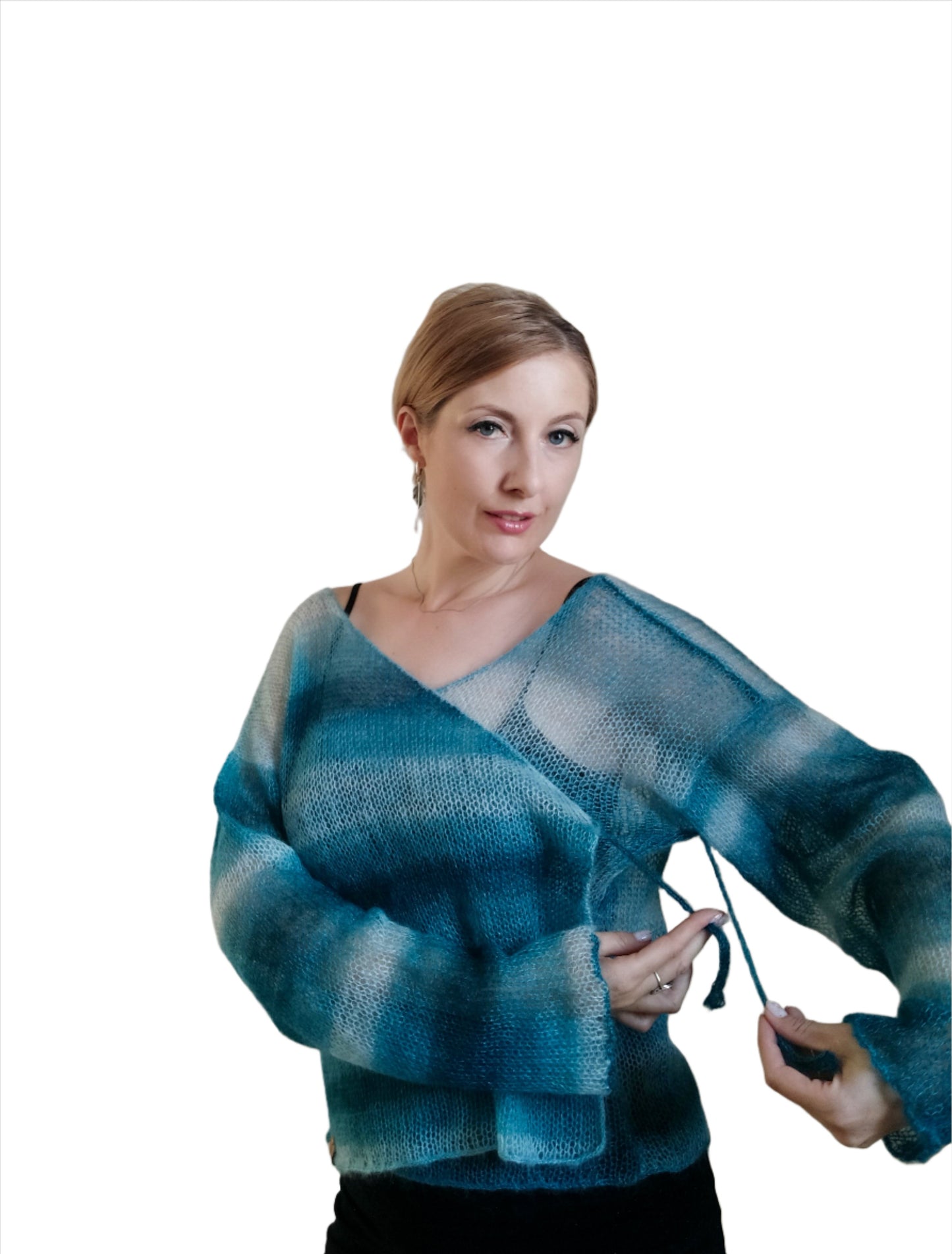 Exceptionally Lightweight And Soft Tie Side Mohair Cardigan Petrol Blue