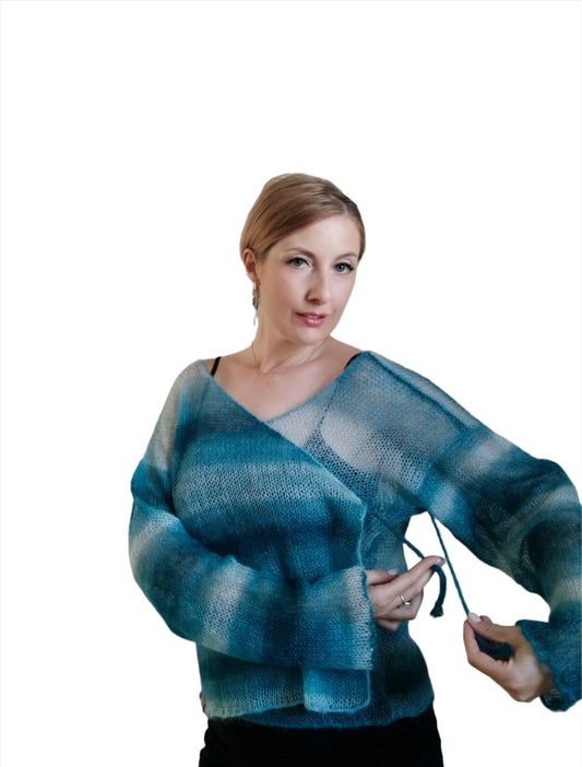 Exceptionally Lightweight And Soft Tie Side Mohair Cardigan Petrol Blue