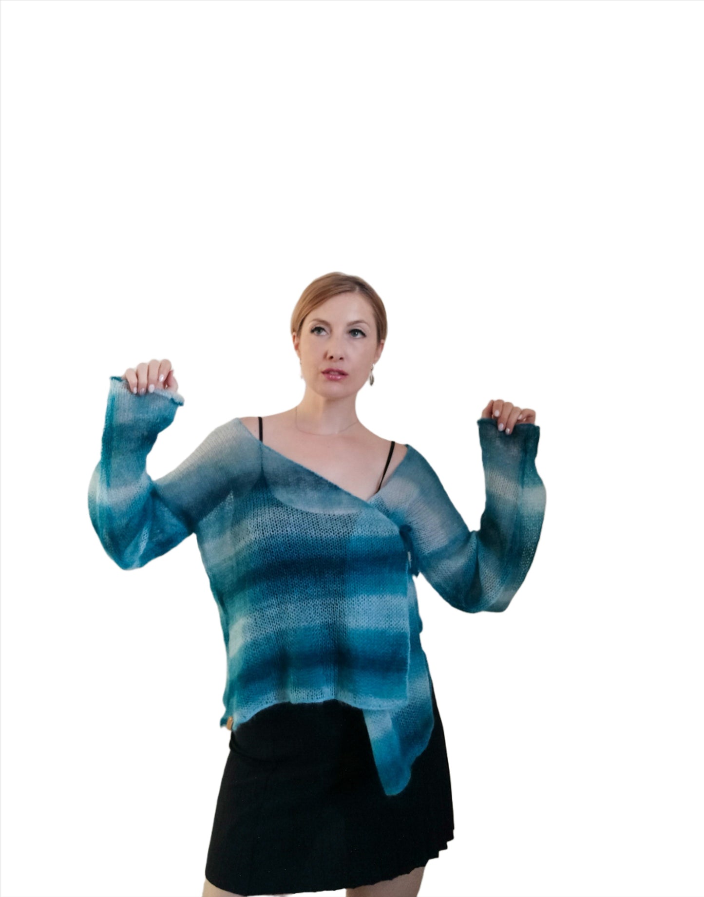 Exceptionally Lightweight And Soft Tie Side Mohair Cardigan Petrol Blue