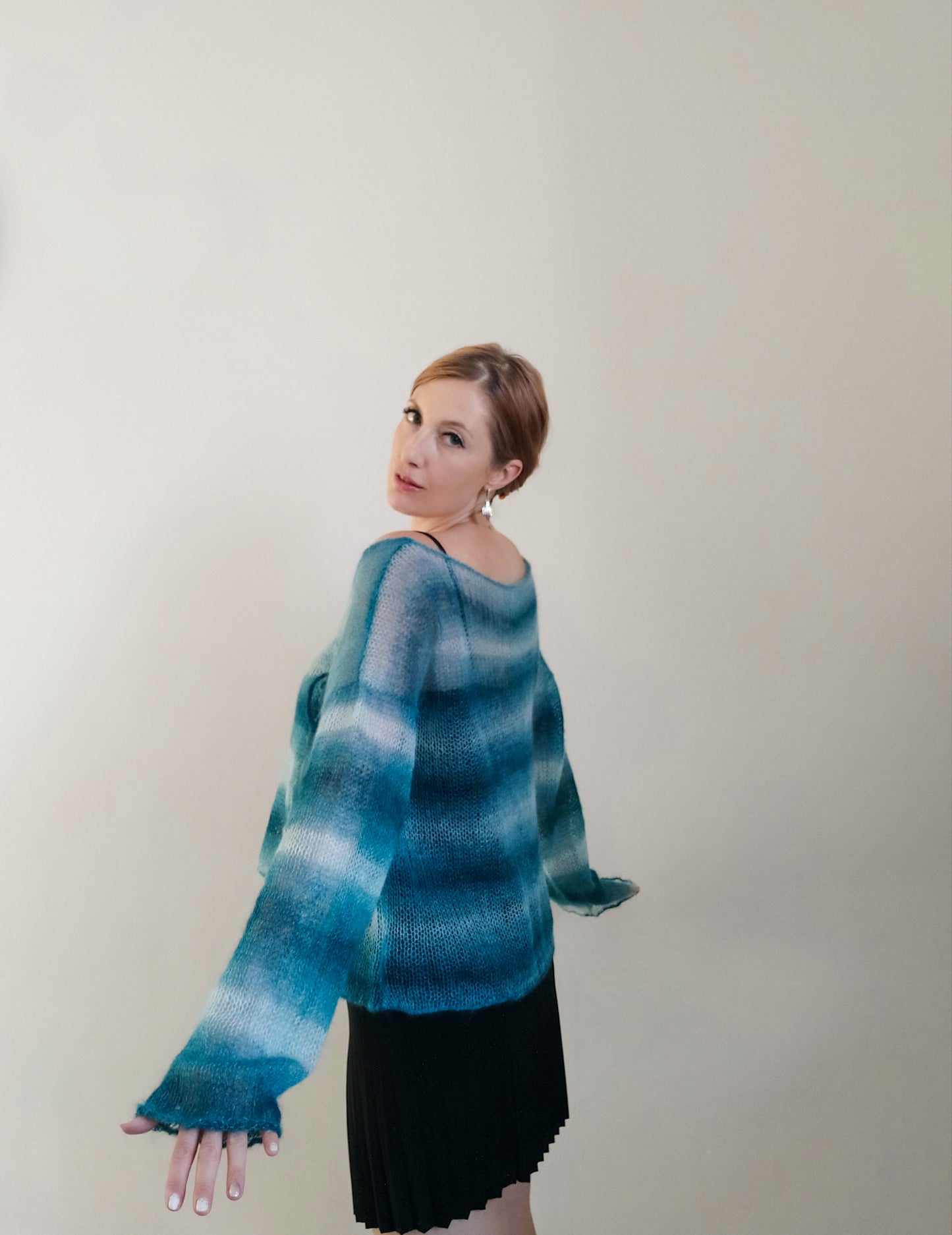 Exceptionally Lightweight And Soft Tie Side Mohair Cardigan Petrol Blue