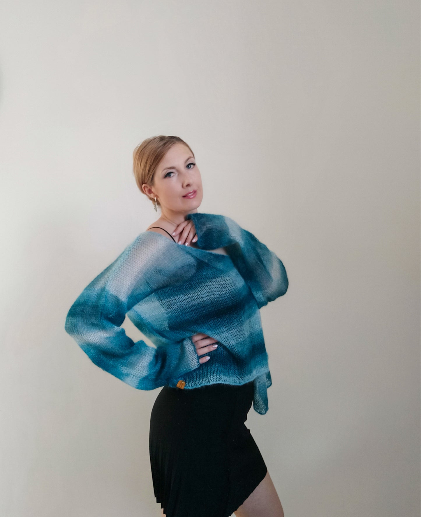 Exceptionally Lightweight And Soft Tie Side Mohair Cardigan Petrol Blue