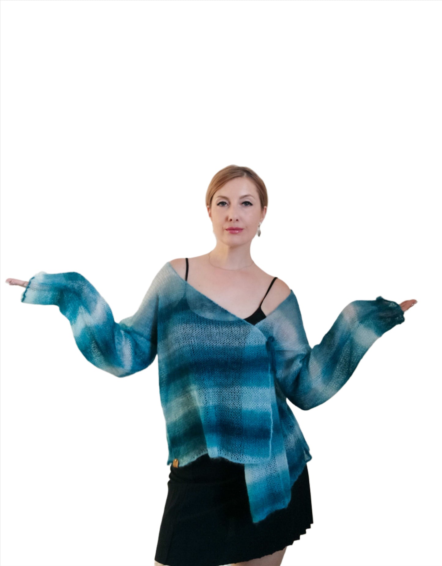 Exceptionally Lightweight And Soft Tie Side Mohair Cardigan Petrol Blue