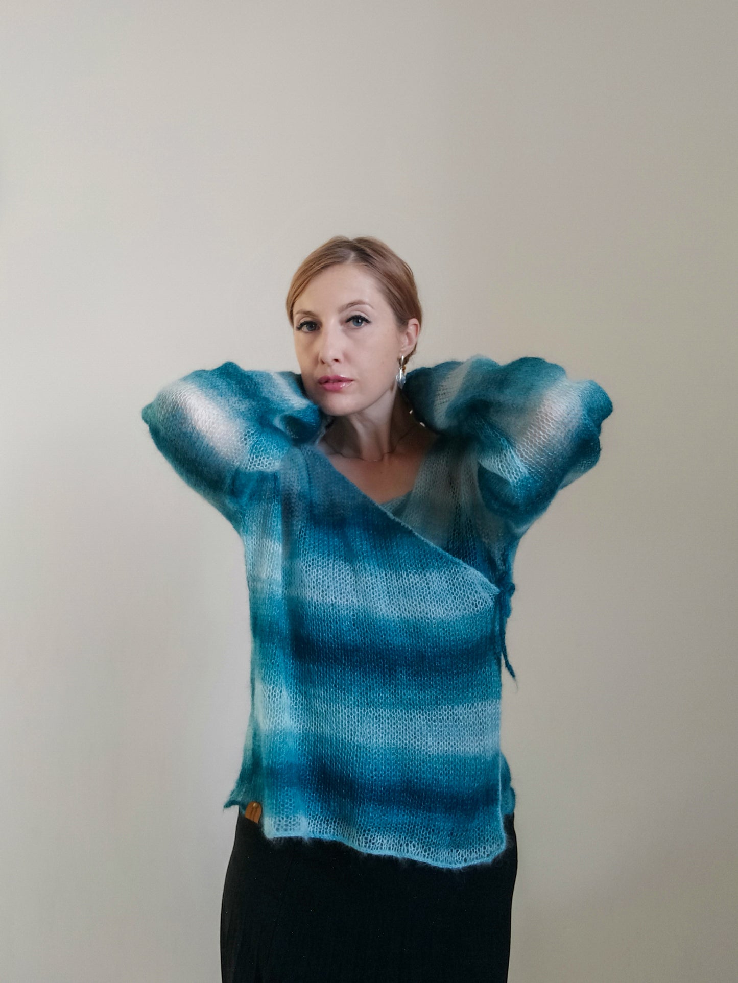 Exceptionally Lightweight And Soft Tie Side Mohair Cardigan Petrol Blue