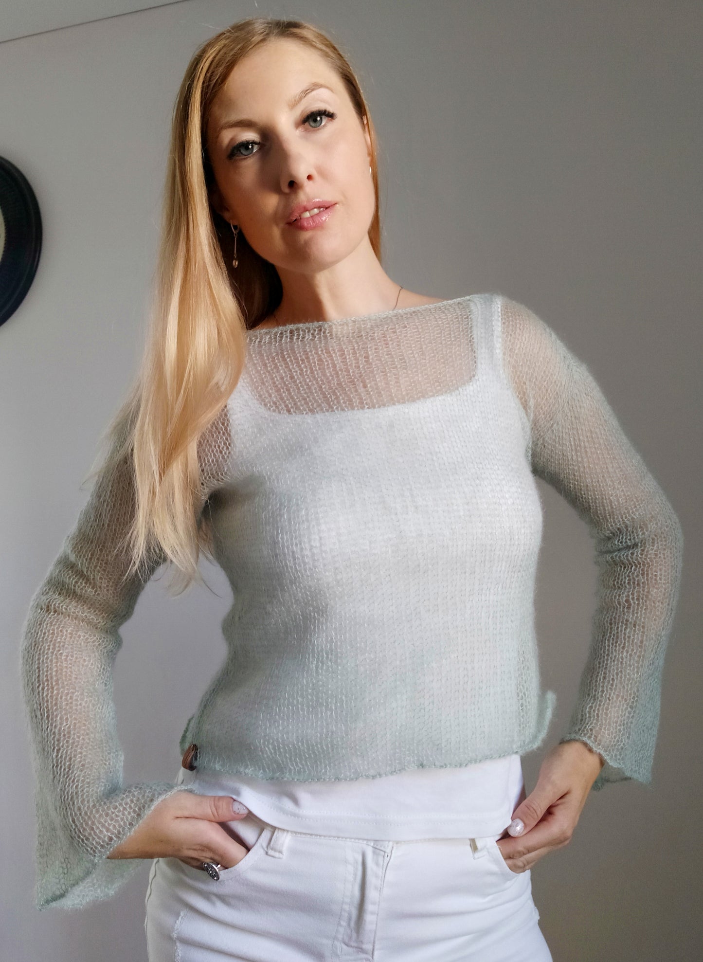 Mohair Silk Knit Sweater: Lightweight Mint Green, Handmade