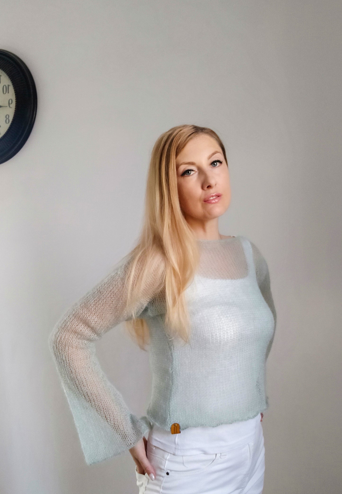 Mohair Silk Knit Sweater: Lightweight Mint Green, Handmade