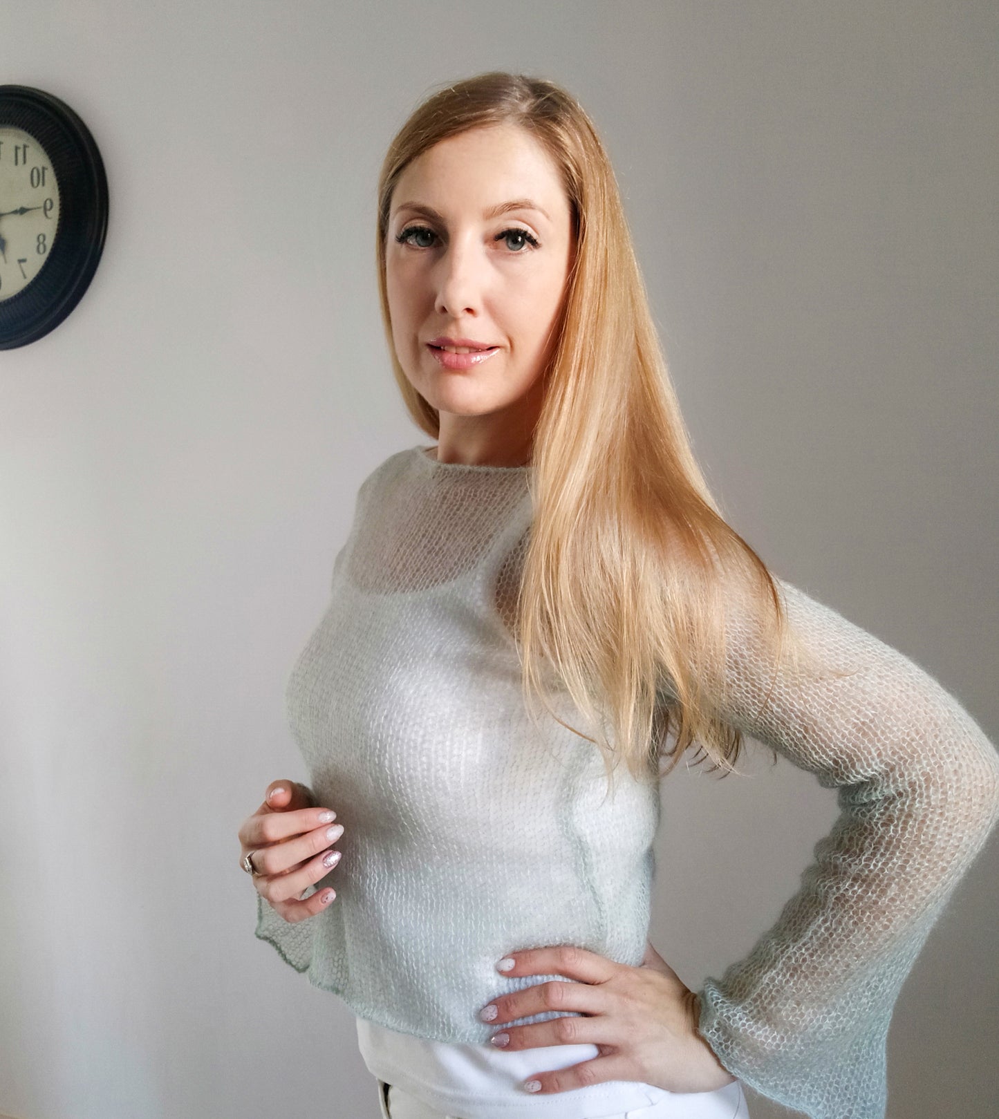 Mohair Silk Knit Sweater: Lightweight Mint Green, Handmade