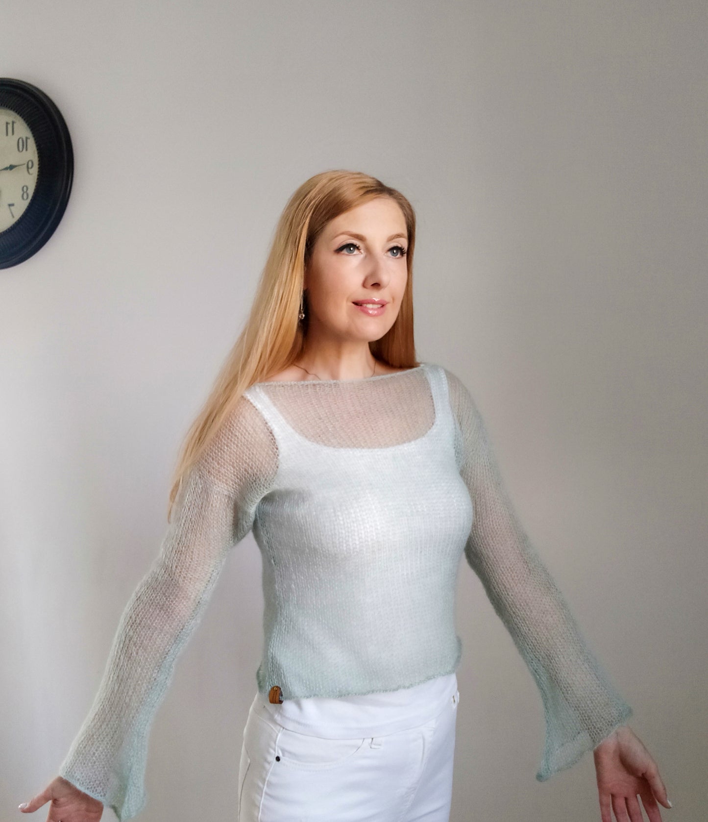 Mohair Silk Knit Sweater: Lightweight Mint Green, Handmade