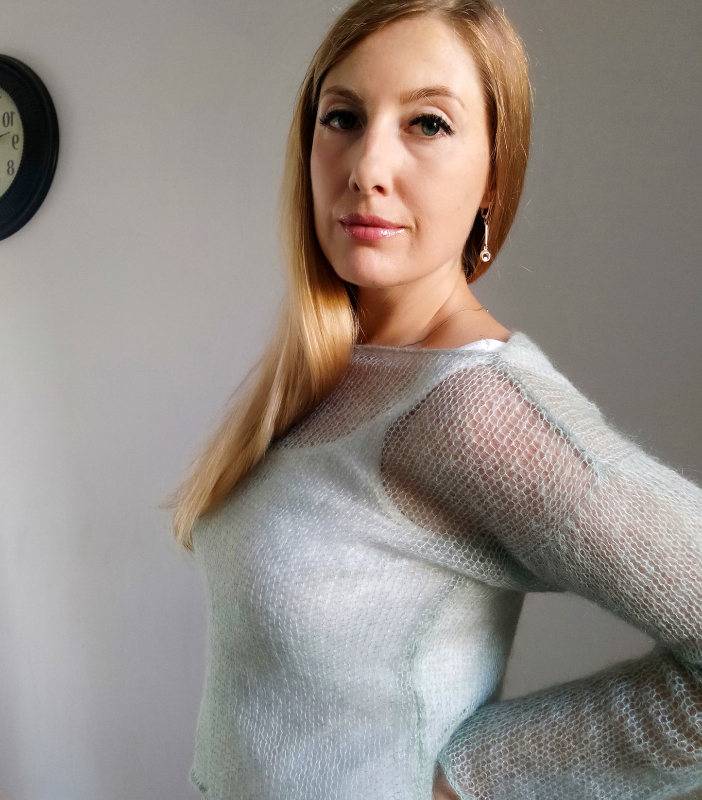 Mohair Silk Knit Sweater: Lightweight Mint Green, Handmade