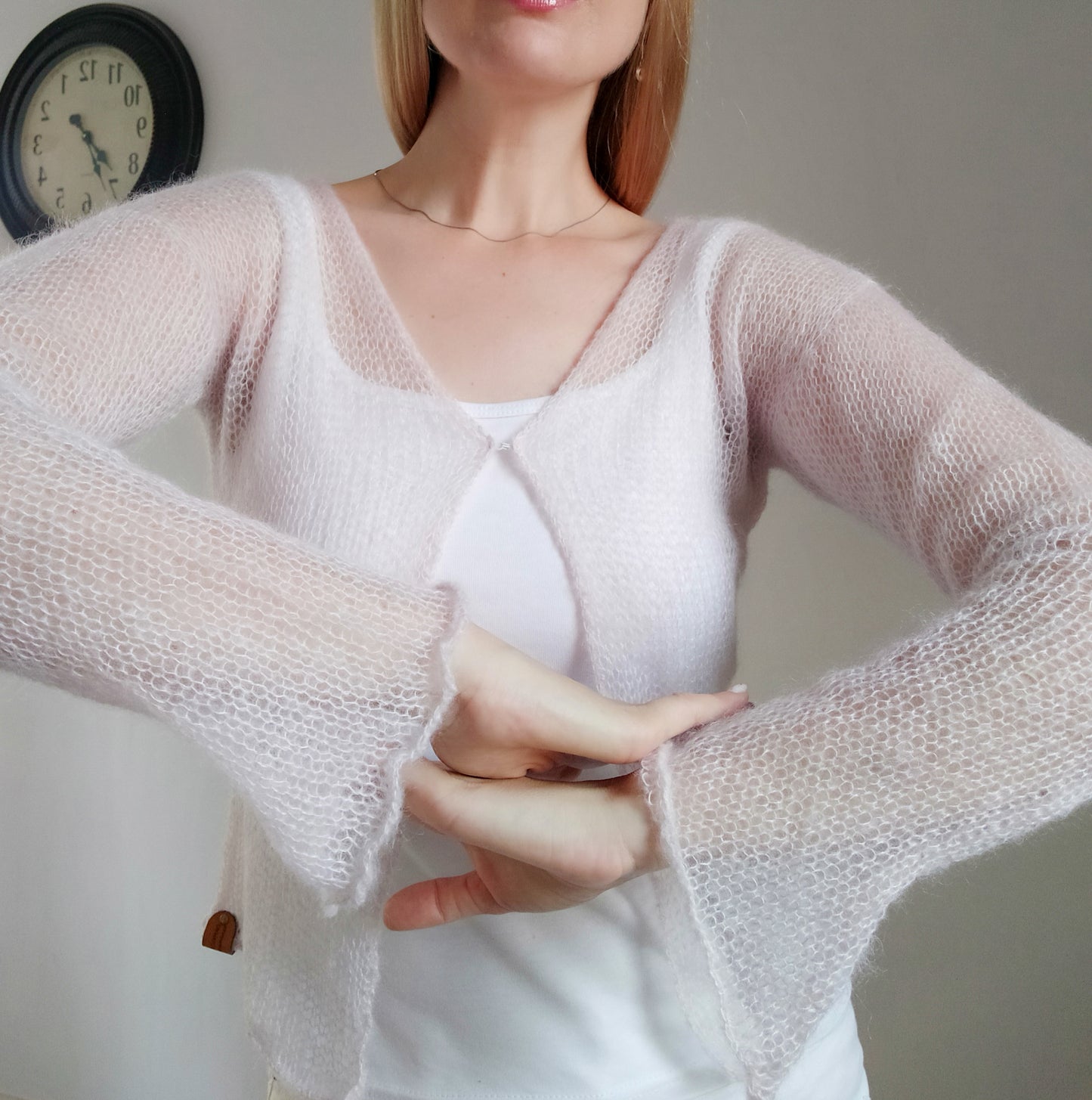 Pearl Pink Mohair&Silk Cardigan Transparent easy Hook and eye closure size S-M