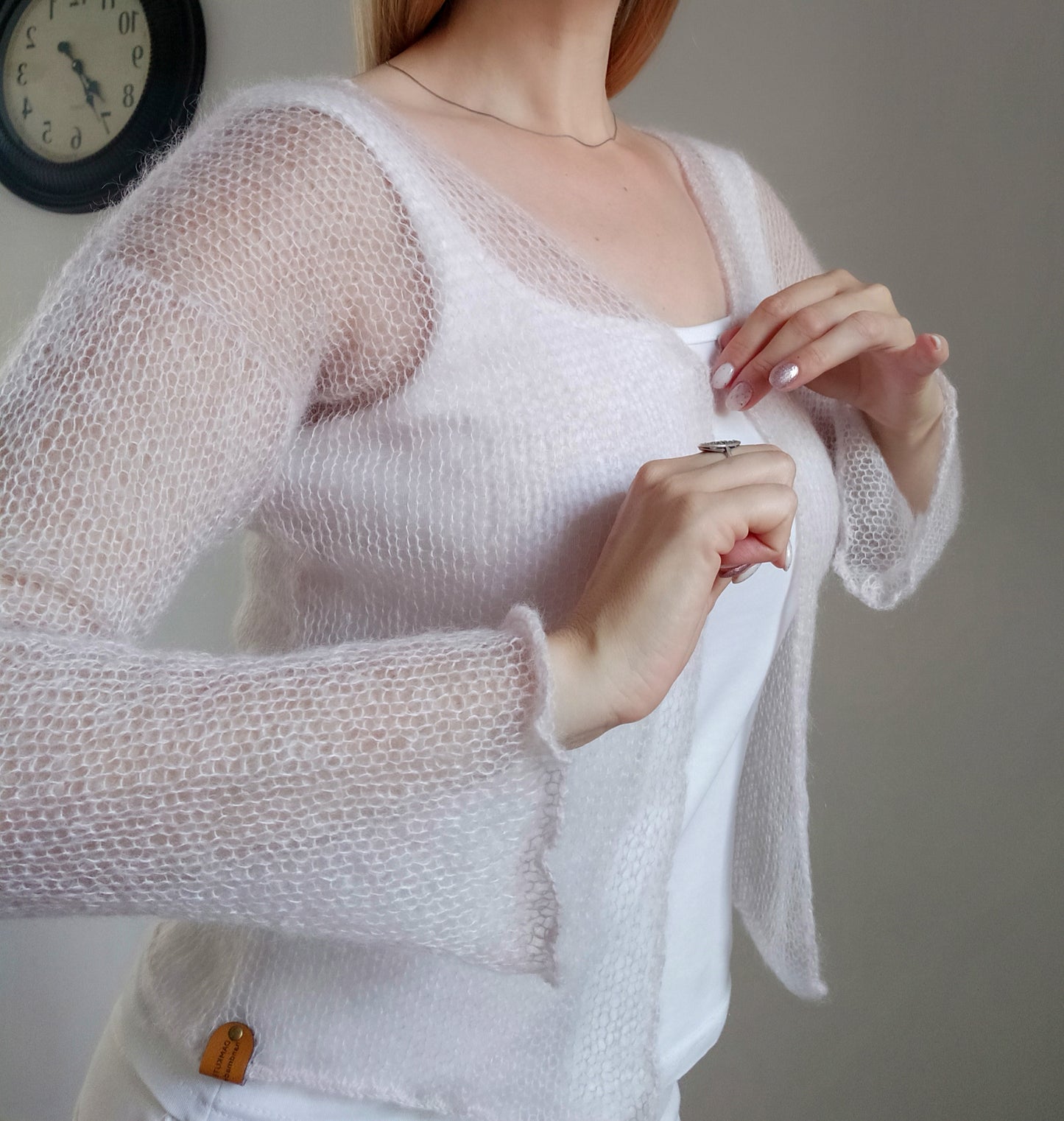 Pearl Pink Mohair&Silk Cardigan Transparent easy Hook and eye closure size S-M