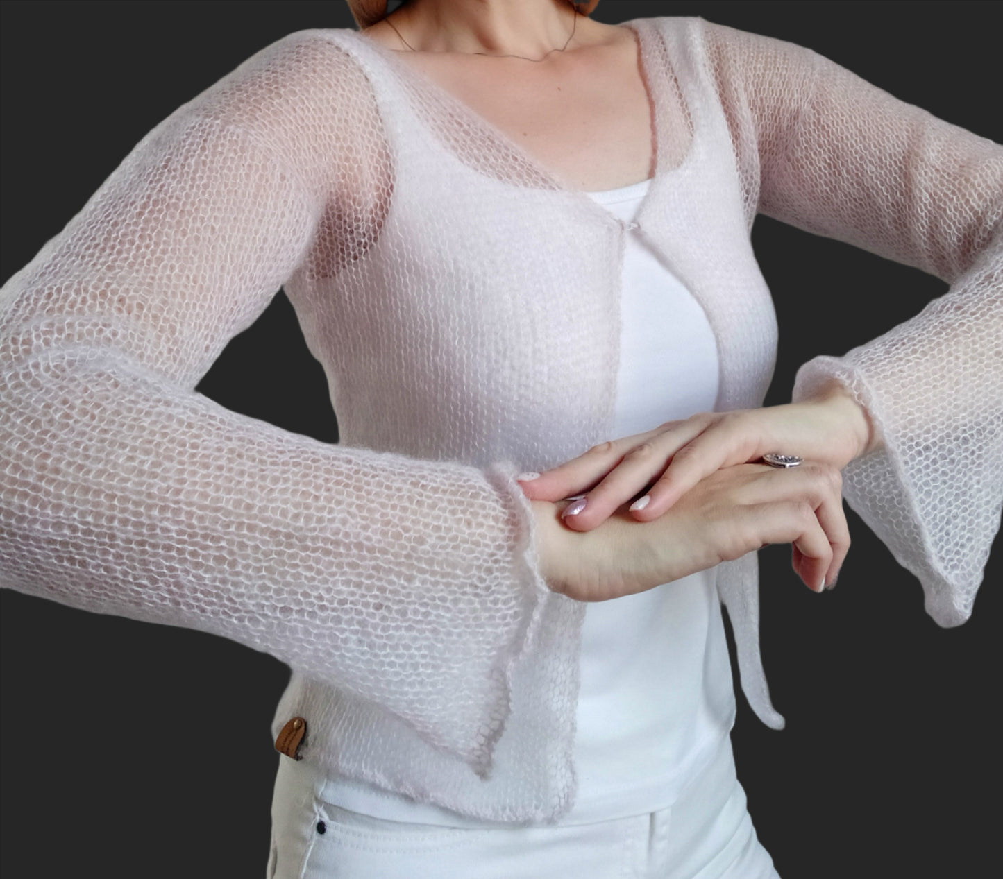 Pearl Pink Mohair&Silk Cardigan Transparent easy Hook and eye closure size S-M