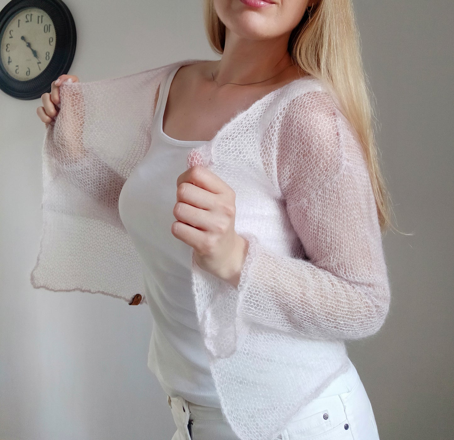 Pearl Pink Mohair&Silk Cardigan Transparent easy Hook and eye closure size S-M