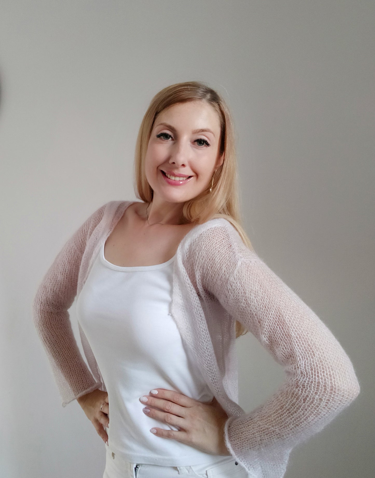 Pearl Pink Mohair&Silk Cardigan Transparent easy Hook and eye closure size S-M