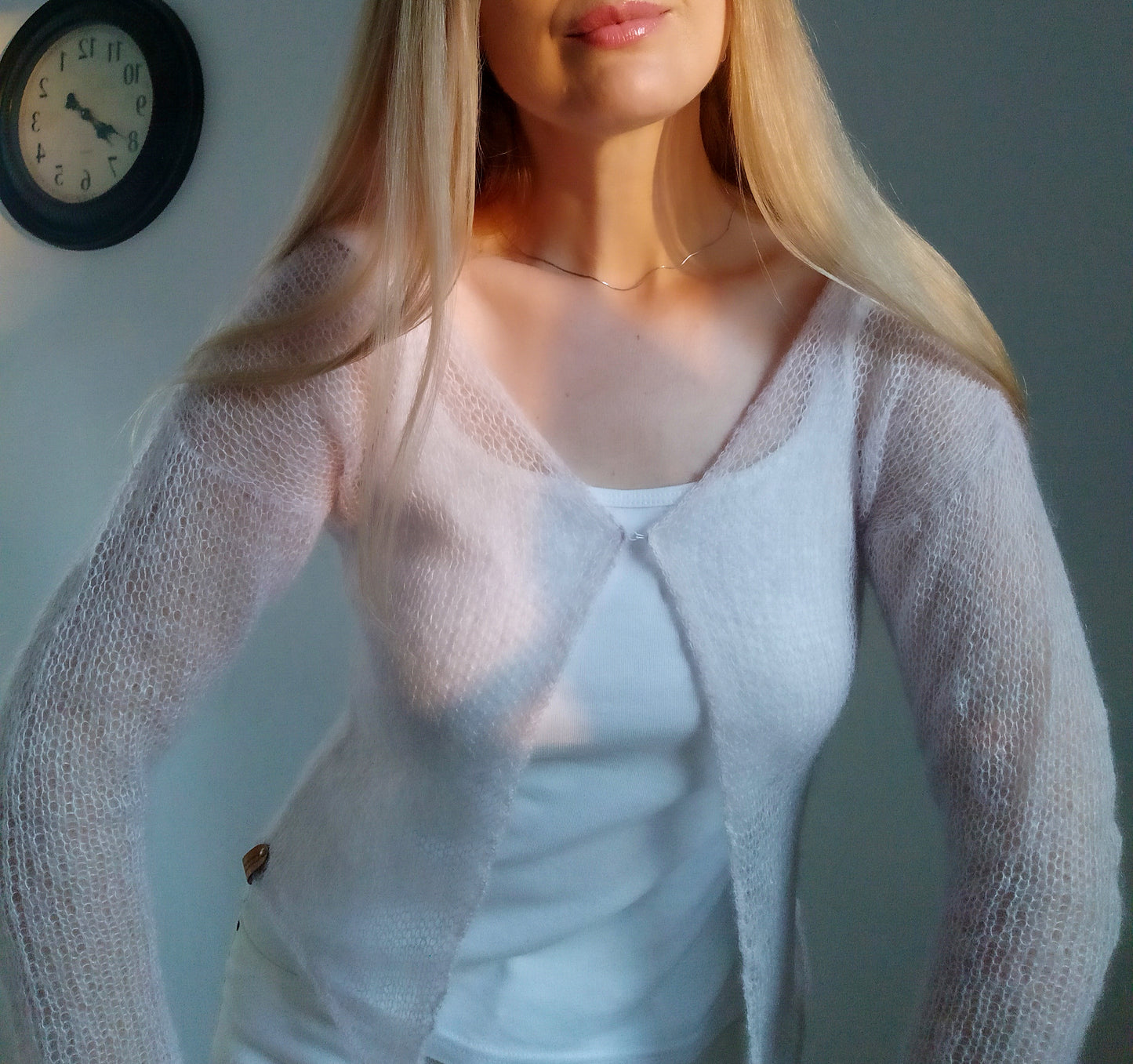 Pearl Pink Mohair&Silk Cardigan Transparent easy Hook and eye closure size S-M