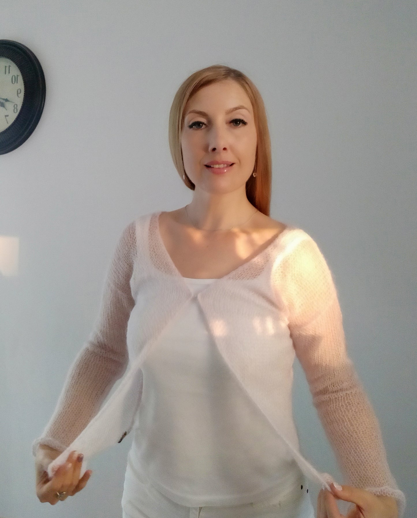 Pearl Pink Mohair&Silk Cardigan Transparent easy Hook and eye closure size S-M