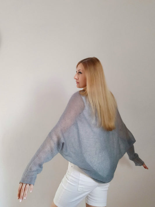 Handmade Mohair Silk Shrug: Gray Knit Cover-Up, Hook Closure