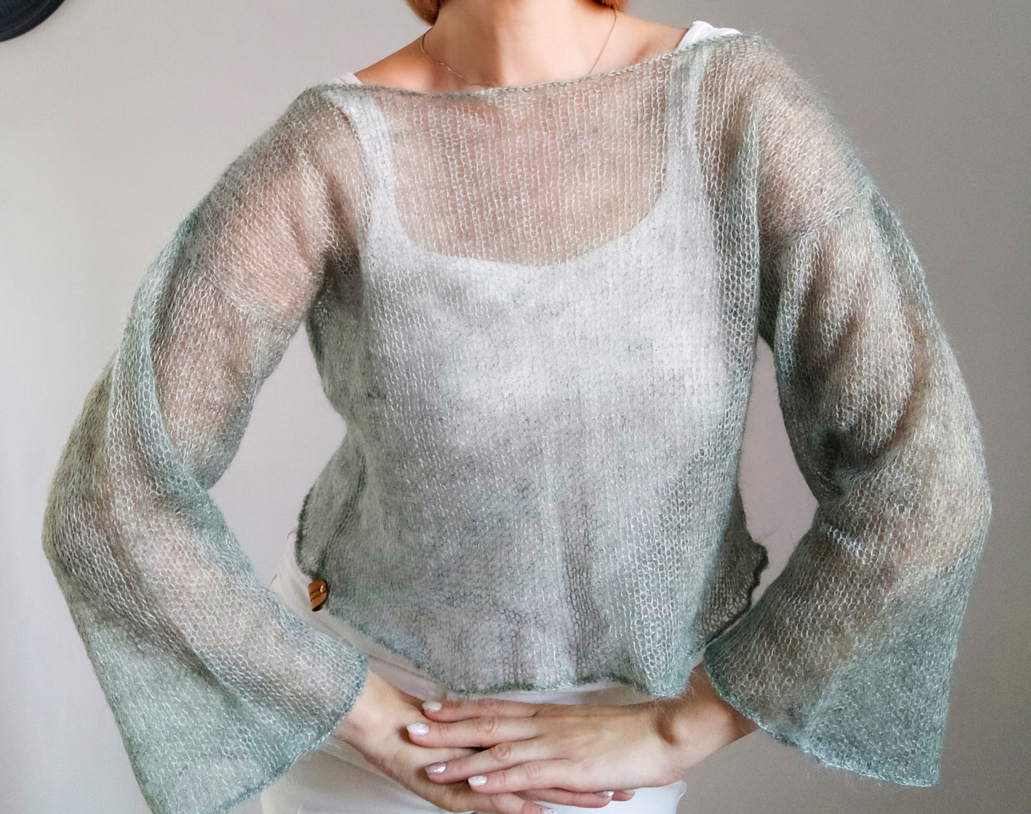 Sage Green Mohair Silk Sweater: Lightweight Bell Sleeve Top, XS-S-M