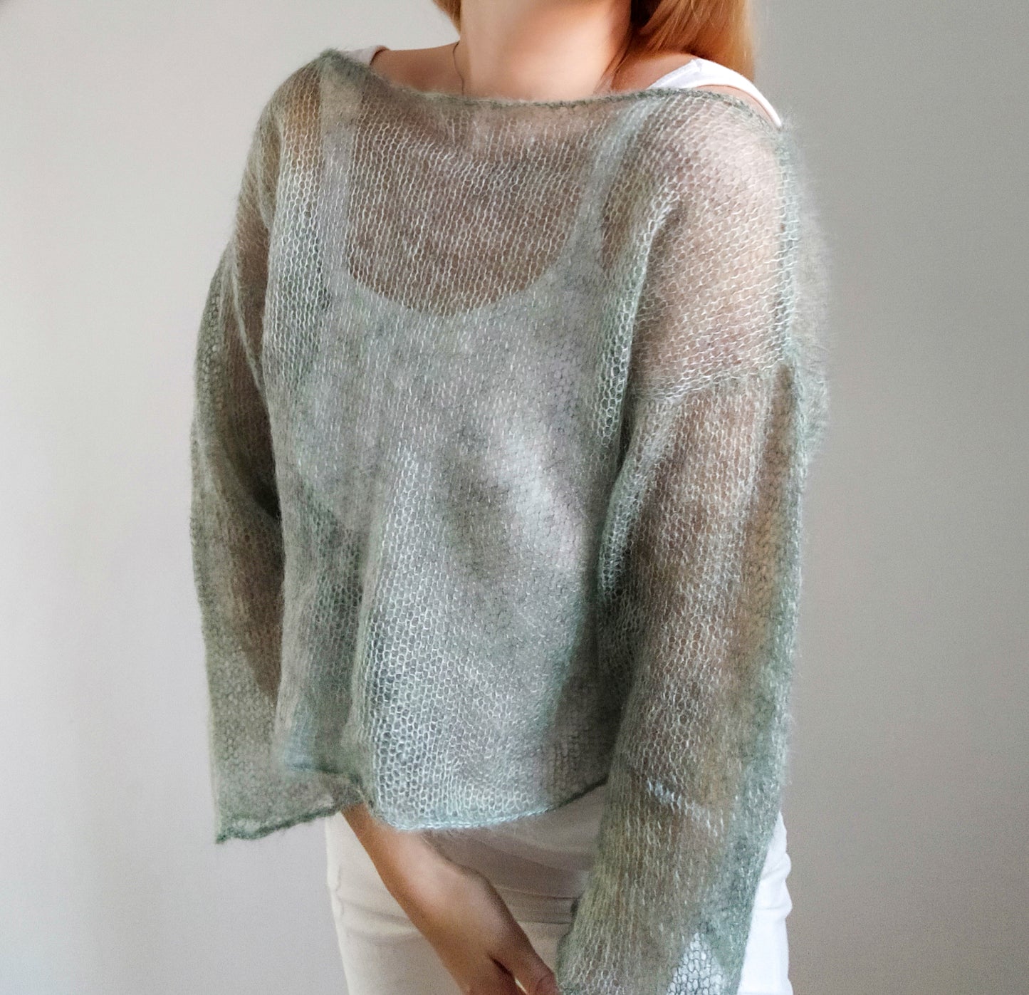 Sage Green Mohair Silk Sweater: Lightweight Bell Sleeve Top, XS-S-M