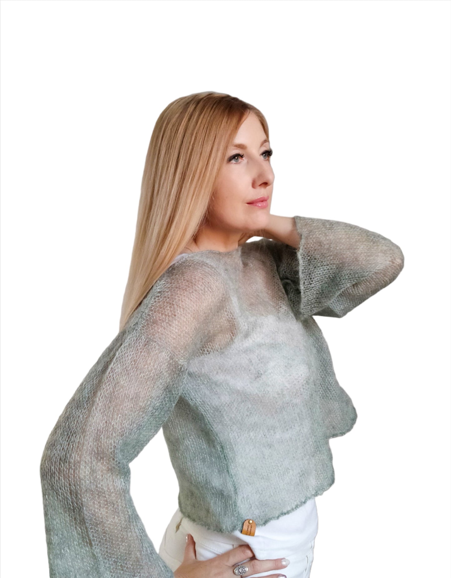 Sage Green Mohair Silk Sweater: Lightweight Bell Sleeve Top, XS-S-M