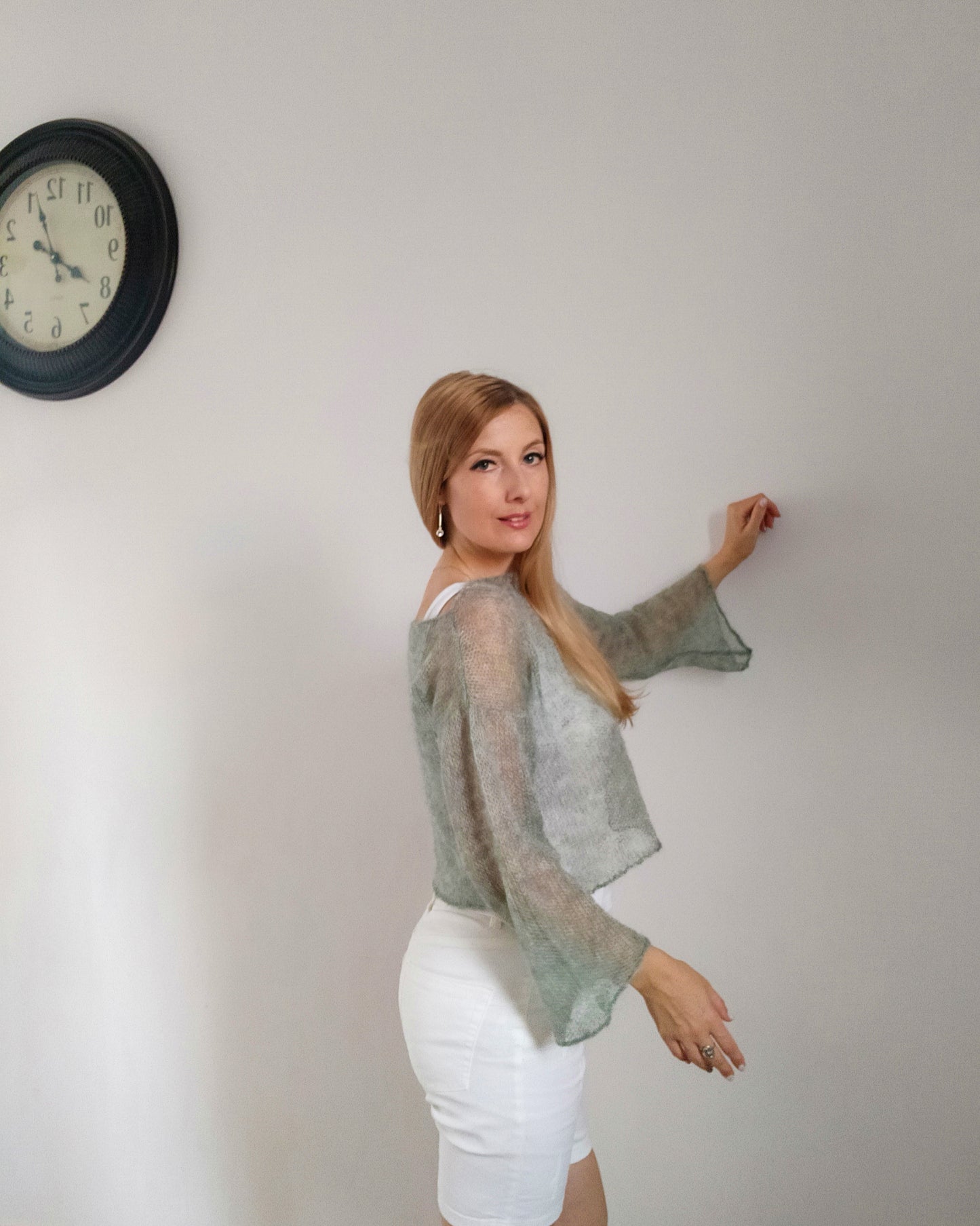 Sage Green Mohair Silk Sweater: Lightweight Bell Sleeve Top, XS-S-M